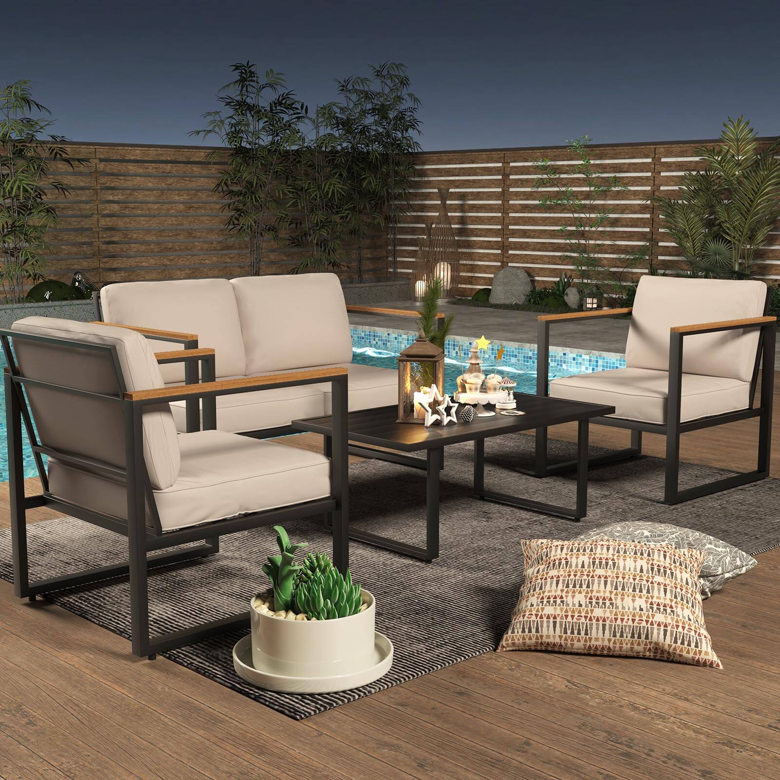 Left. Homhougo - 4 Pieces Outdoor Wicker Patio Conversation Bistro Set - Beige.