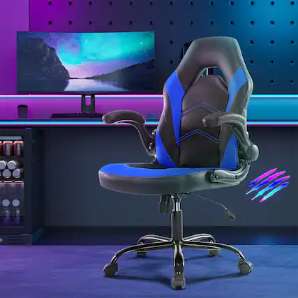 Front. PexFix - Ergonomic Gaming Chair with S-Shaped Back, High-Density Foam, Rocker Mode & Padded Armrests for Office & Gaming - Blue.