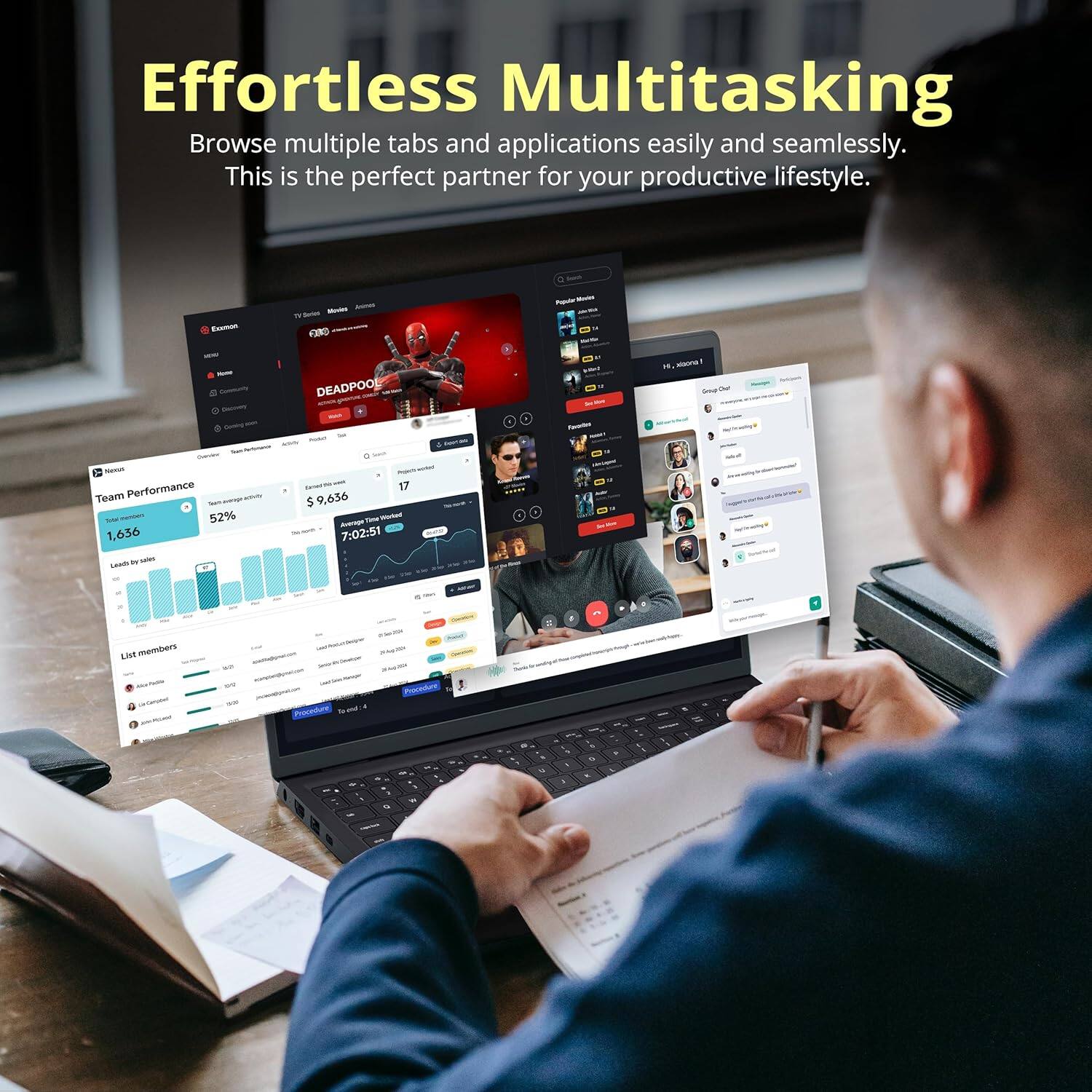 Effortless Multitasking
Browse multiple tabs and applications easily and seamlessly. This is the perfect partner for your productive lifestyle.

- FRO -
- DEADPOOL I. -
-A -
- Team Performance -
- - 52% 1,636 - 17 $ 9,636 i -
- Ausra 7:02:51 -
- EIT mamburs -
- Procedure Sucta Procehe -