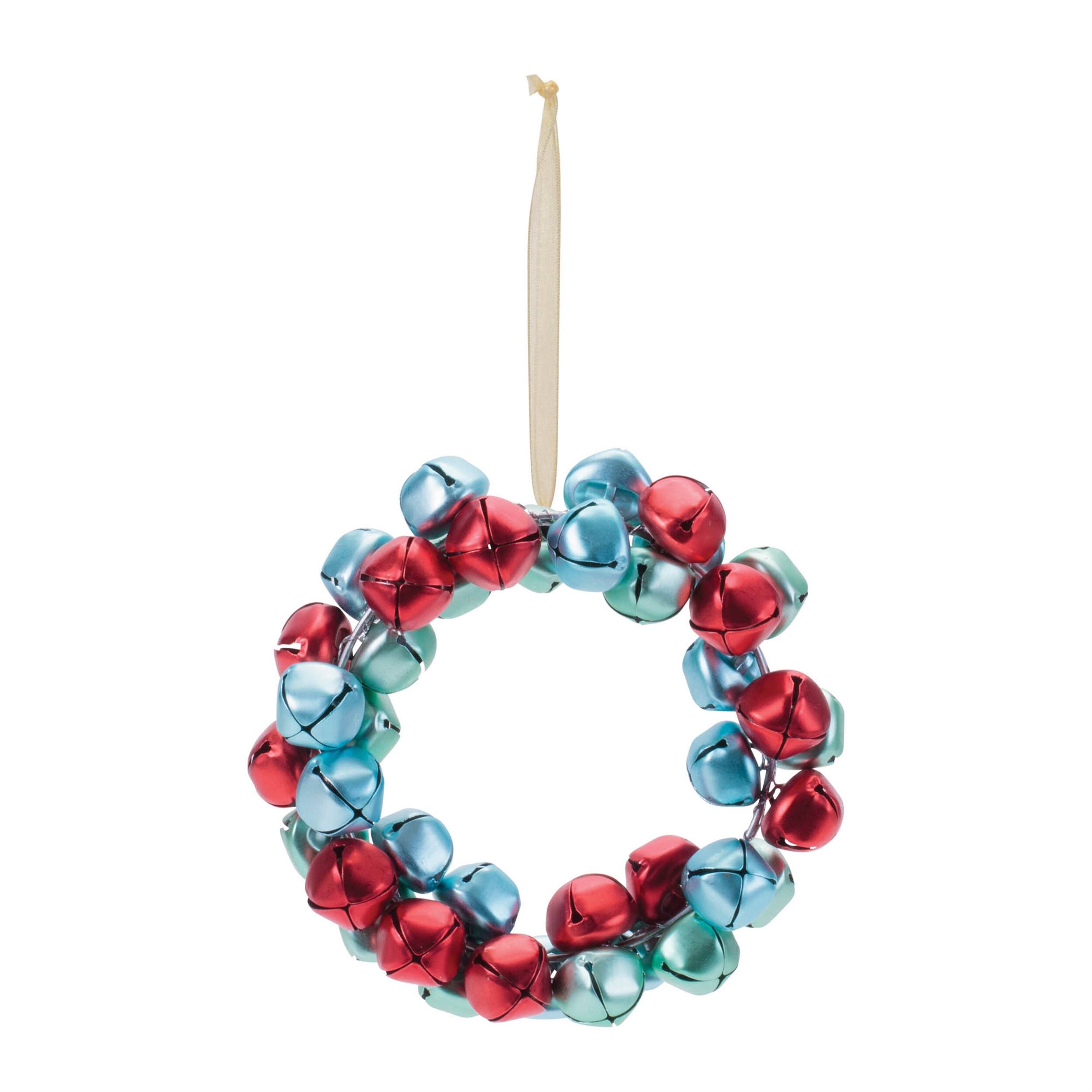 Angle. BreeBe - Metal Sleigh Bell Wreath Ornament (Set of 12) - Red, Blue.