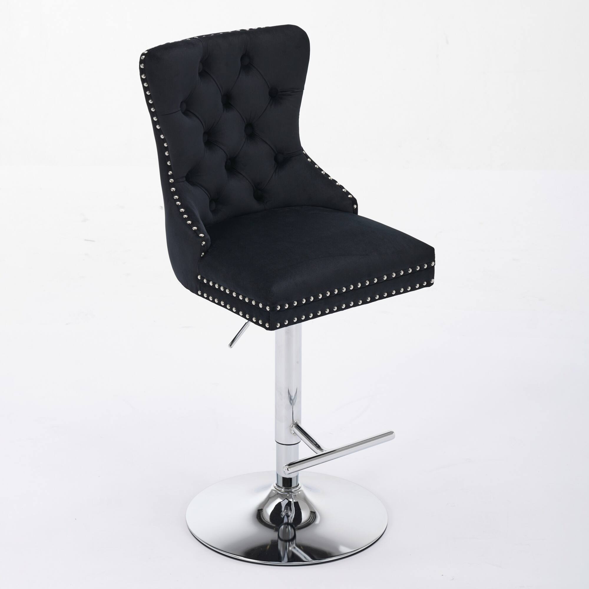 Back. GOODSILO - Adjustable Height Swivel Barstools with Velvet Upholstery and Chrome Base - Set of 2 for Home Bars and Kitchen Islands - Black.