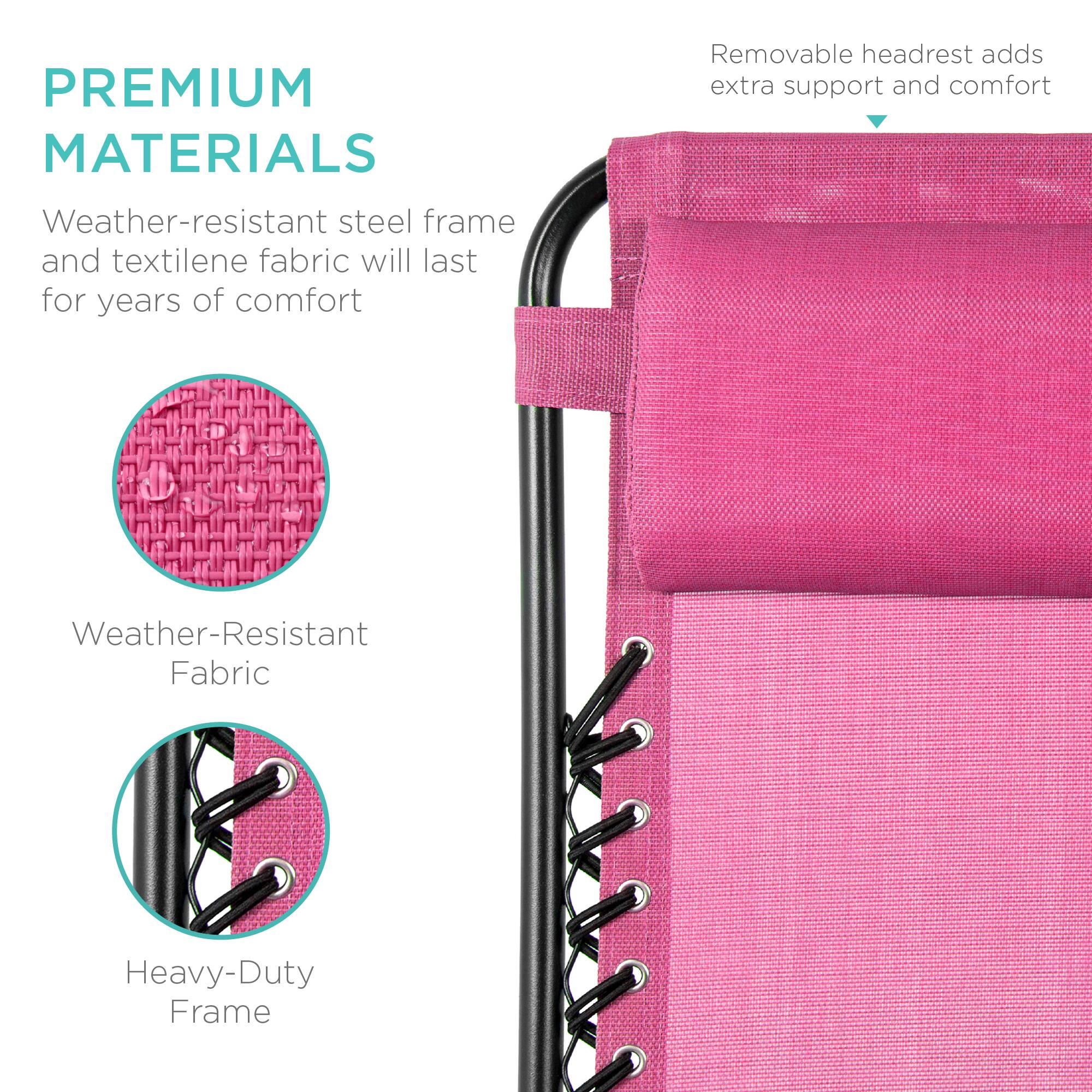 **PREMIUM MATERIALS**

Weather-resistant steel frame and textilene fabric will last for years of comfort

- Weather-Resistant Fabric
- Heavy-Duty Frame

Removable headrest adds extra support and comfort