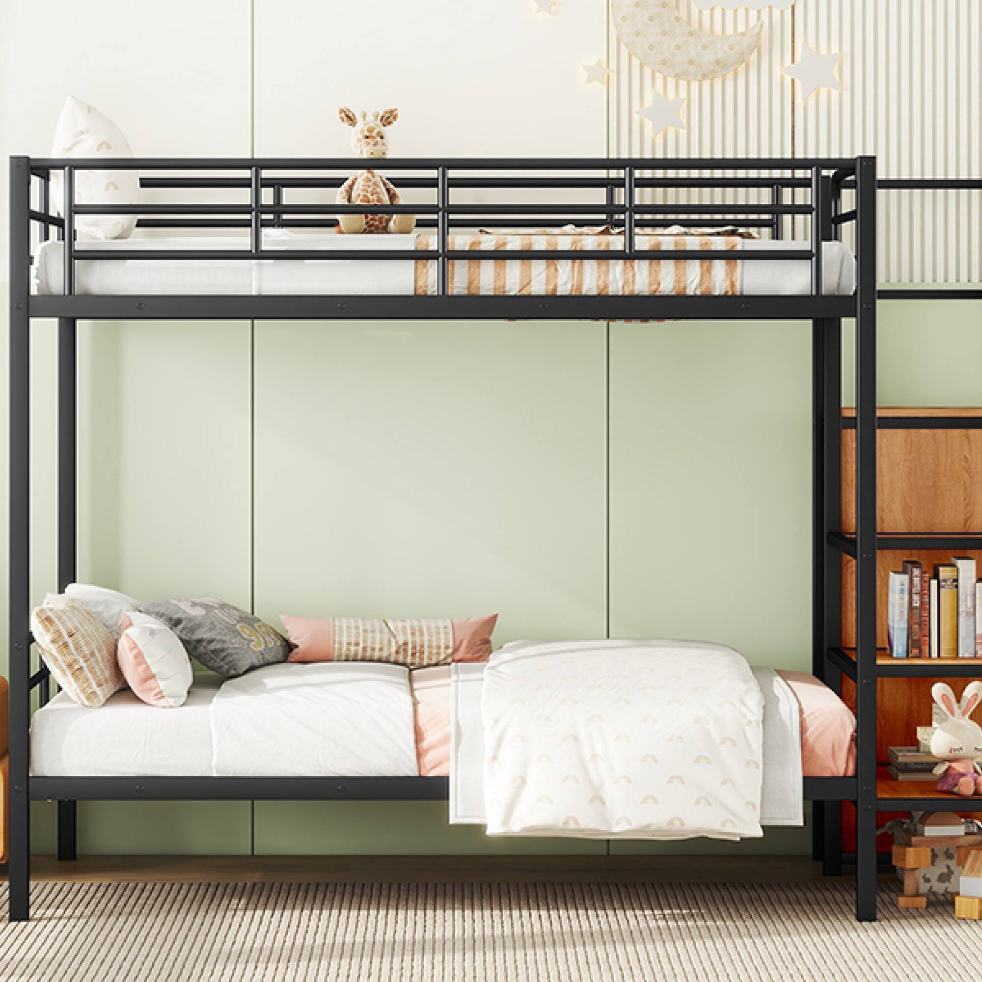 Alt View 9. GOODSILO - Contemporary Twin Over Twin Metal Bunk Bed with Integrated Storage Ladder and Wardrobe - Black.