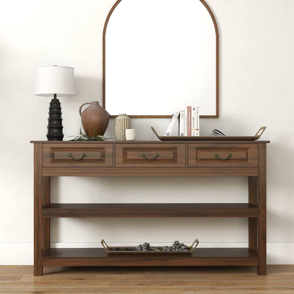 Alt View 6. Loheer - Loheer 63 Inch Wood Console Table with 3 Drawers, Rustic Sofa Table with Storage Shelves for Entryway, Walnut - Walnut.