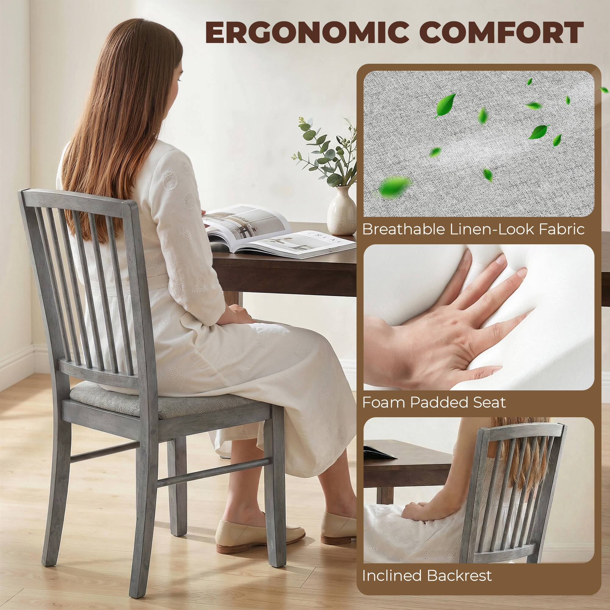 ERGONOMIC COMFORT

- Breathable Linen-Look Fabric
- Foam Padded Seat
- Inclined Backrest