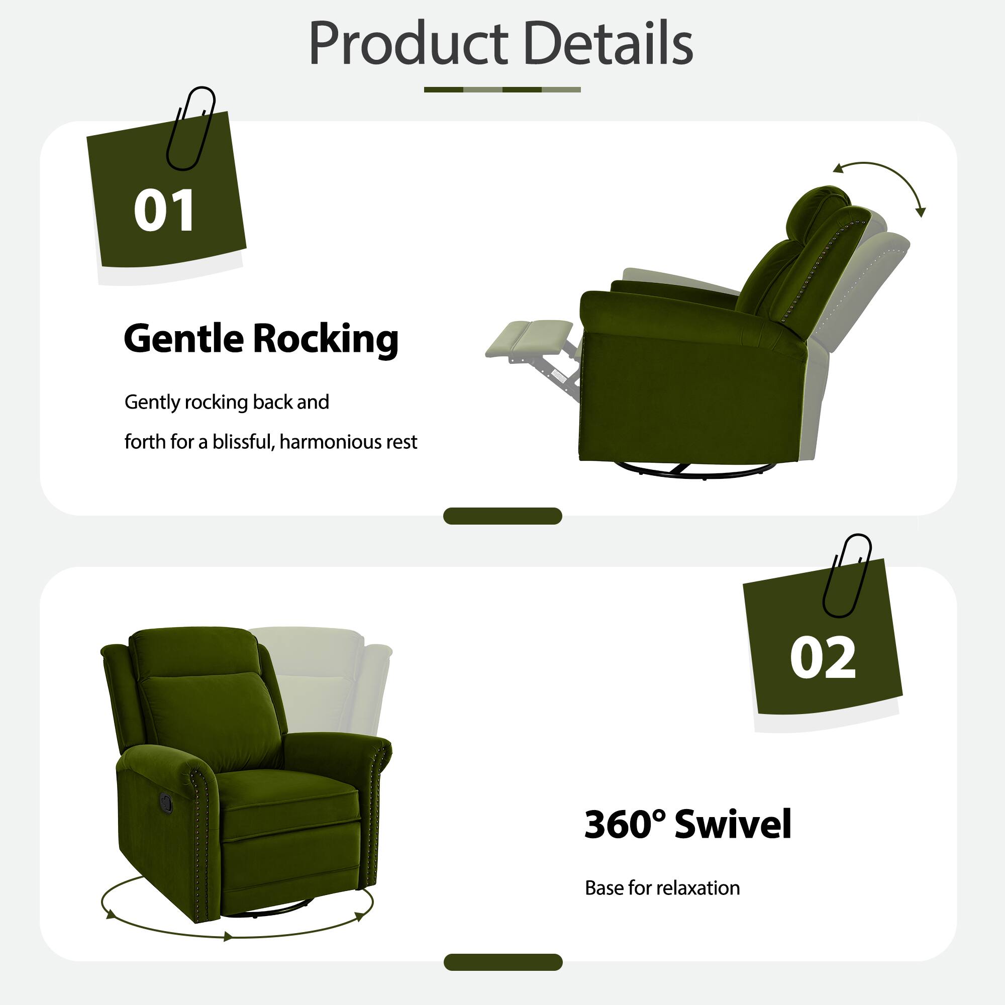 Product Details

01 Gentle Rocking  
Gently rocking back and forth for a blissful, harmonious rest

02 360° Swivel  
Base for relaxation