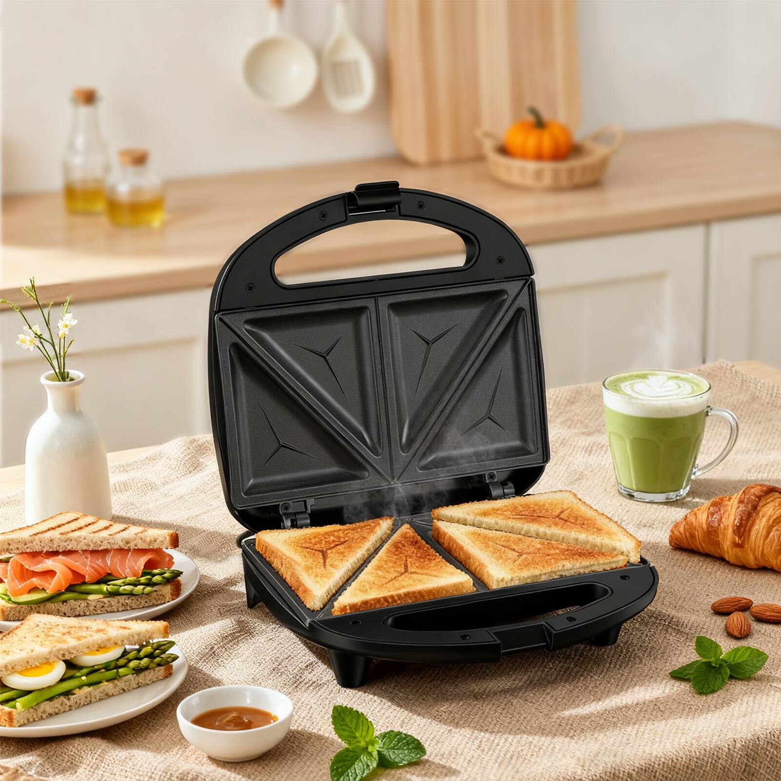 Alt View 2. OSTBA - 750W Sandwich Maker with 2 slices Triangle non-stick plates, Indicator lights, Cool touch handle, Easy to clean& store - Black.