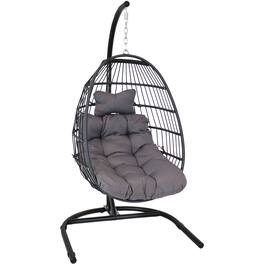 Sunnydaze - Resin Wicker Hanging Egg Chair with Steel Stand/Cushions - Gray