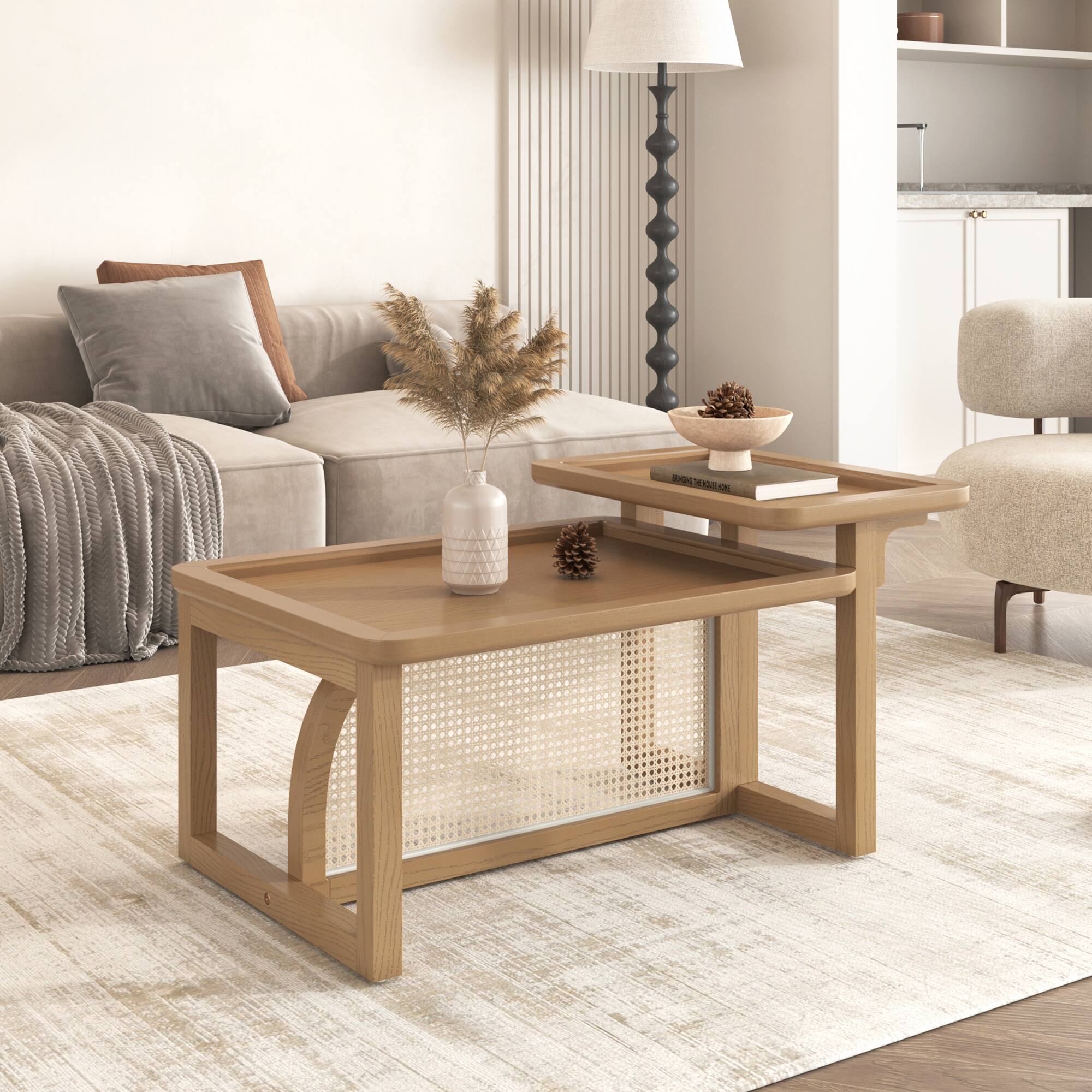Back. MOOSOO - Rattan Coffee Table, Modern 2 Piece Nesting Rattan Wood+ MDF Coffee Table Set, Center Coffee Table for Living Room - Natural.