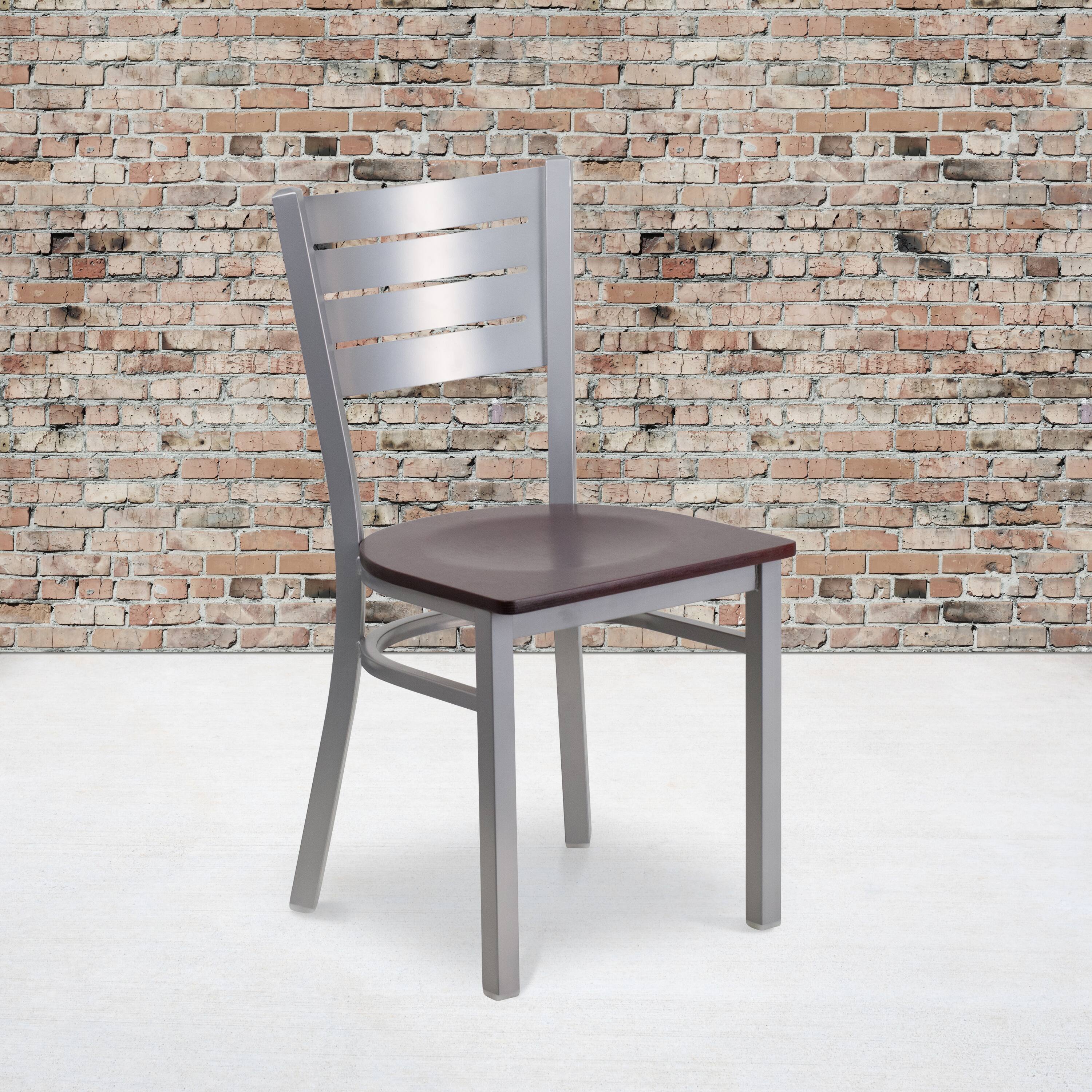 Alt View 2. Emma + Oliver - 2 Pack Silver Slat Back Metal Restaurant Chair - Mahogany Wood Seat/Silver Frame.