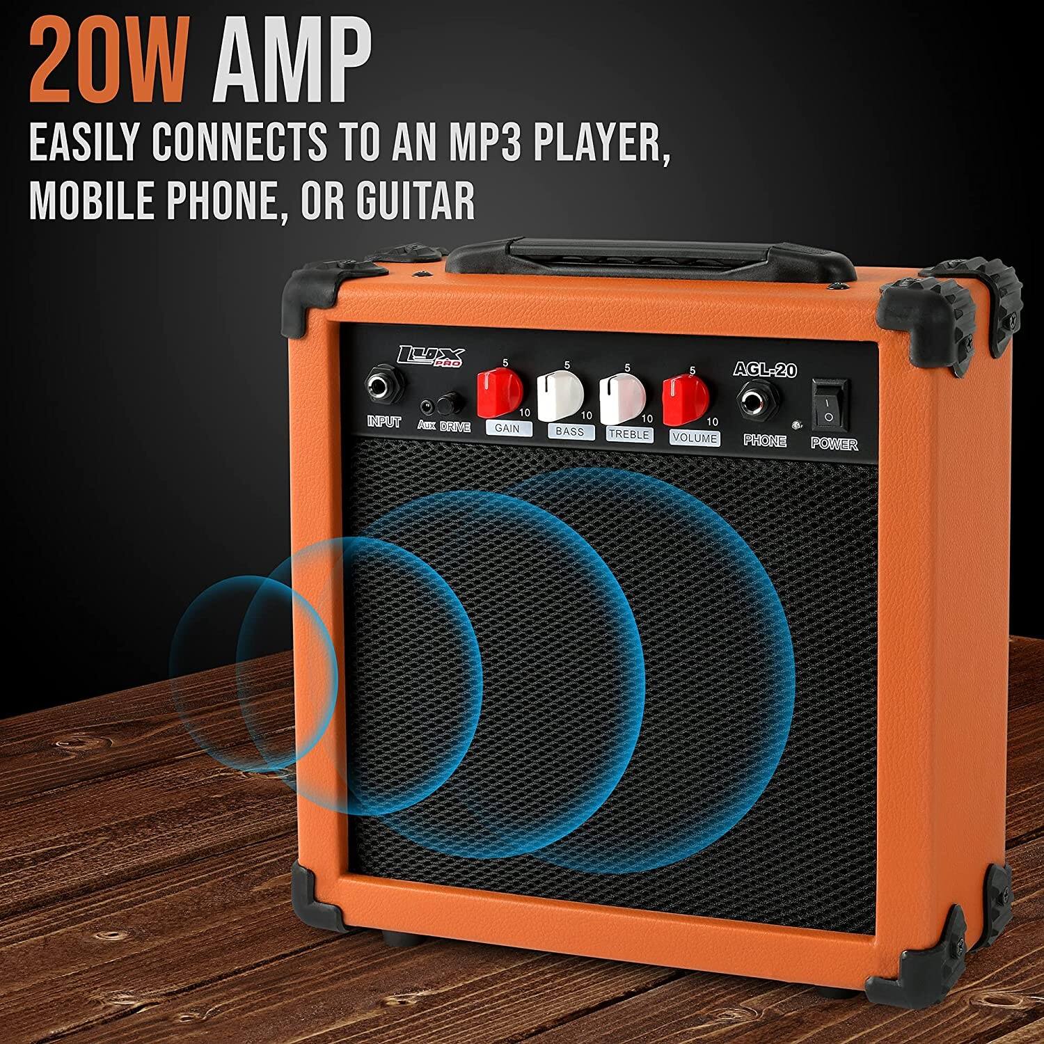 20W AMP EASILY CONNECTS TO AN MP3 PLAYER, MOBILE PHONE, OR GUITAR

L rae MAT AEL SORVA 5 10 GAIN 5 10 BASS 5 0 TREBLE 5 AGL-20 I  10 O OLUME PRORE FORER