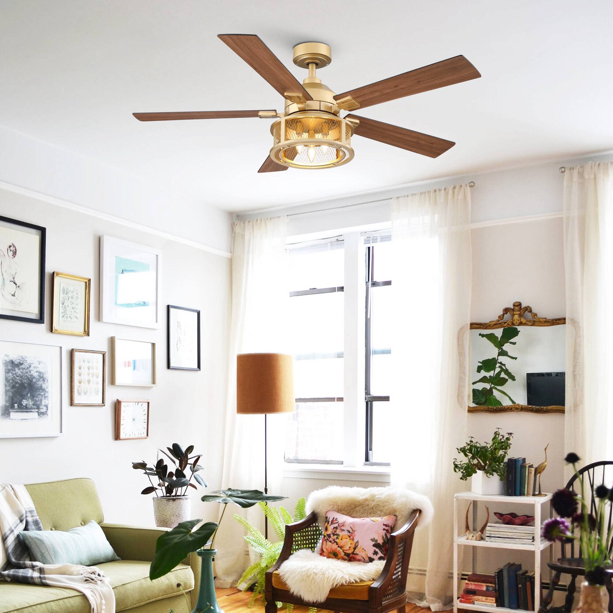 Angle. Parrot Uncle - 52 in. Modern Mesh Metal Reversible Blades Gold Ceiling Fan with Light and Remote - Gold.