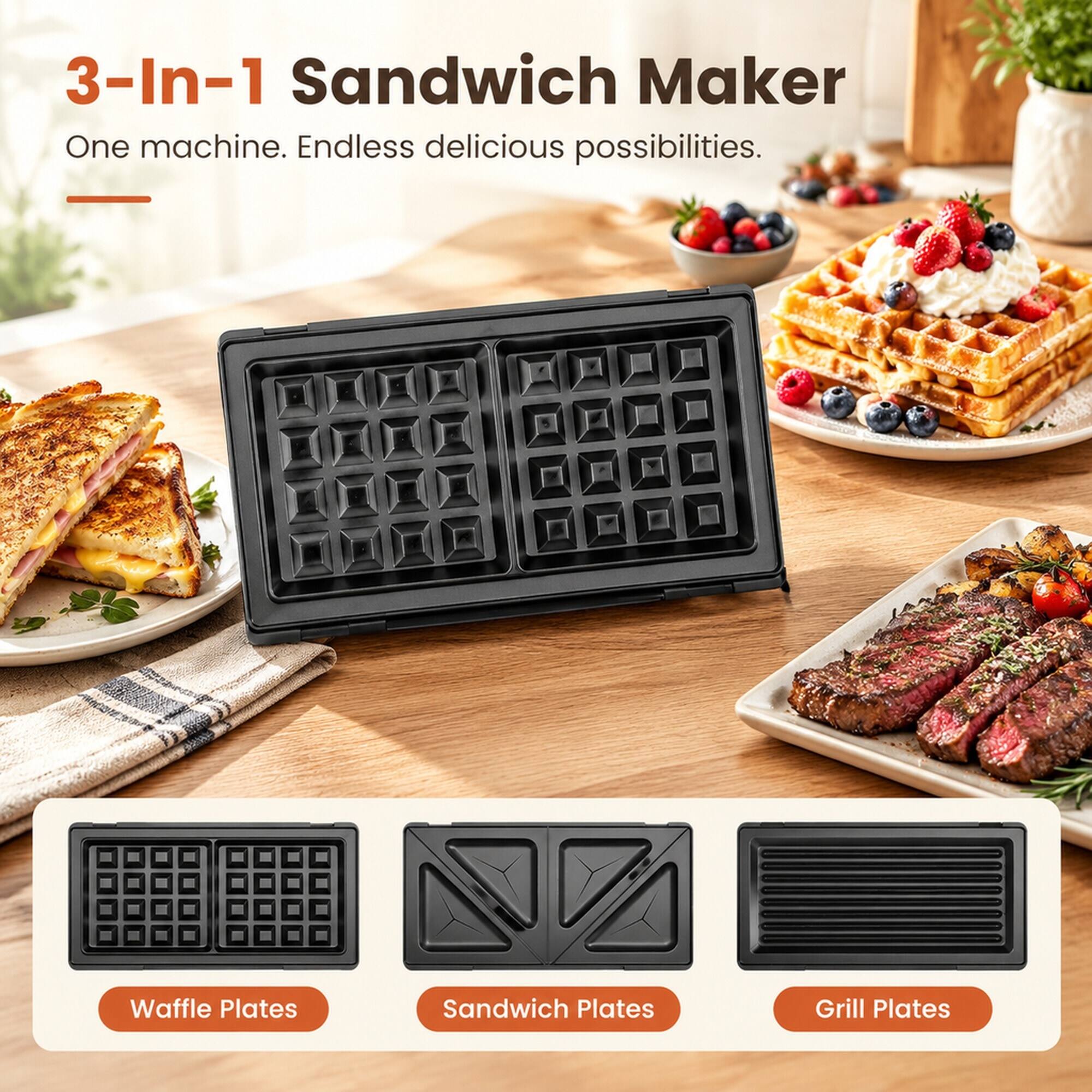 3-In-1 Sandwich Maker  
One machine. Endless delicious possibilities.

Waffle Plates  
Sandwich Plates  
Grill Plates