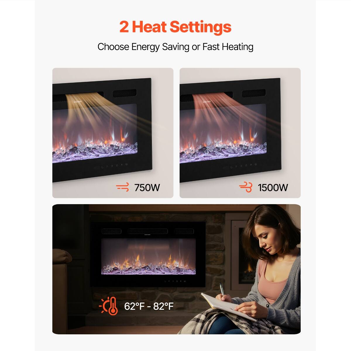 2 Heat Settings  
Choose Energy Saving or Fast Heating

GERBAO  
Grazio  
750W  
1500W

DREAKO  
62°F - 82°F
