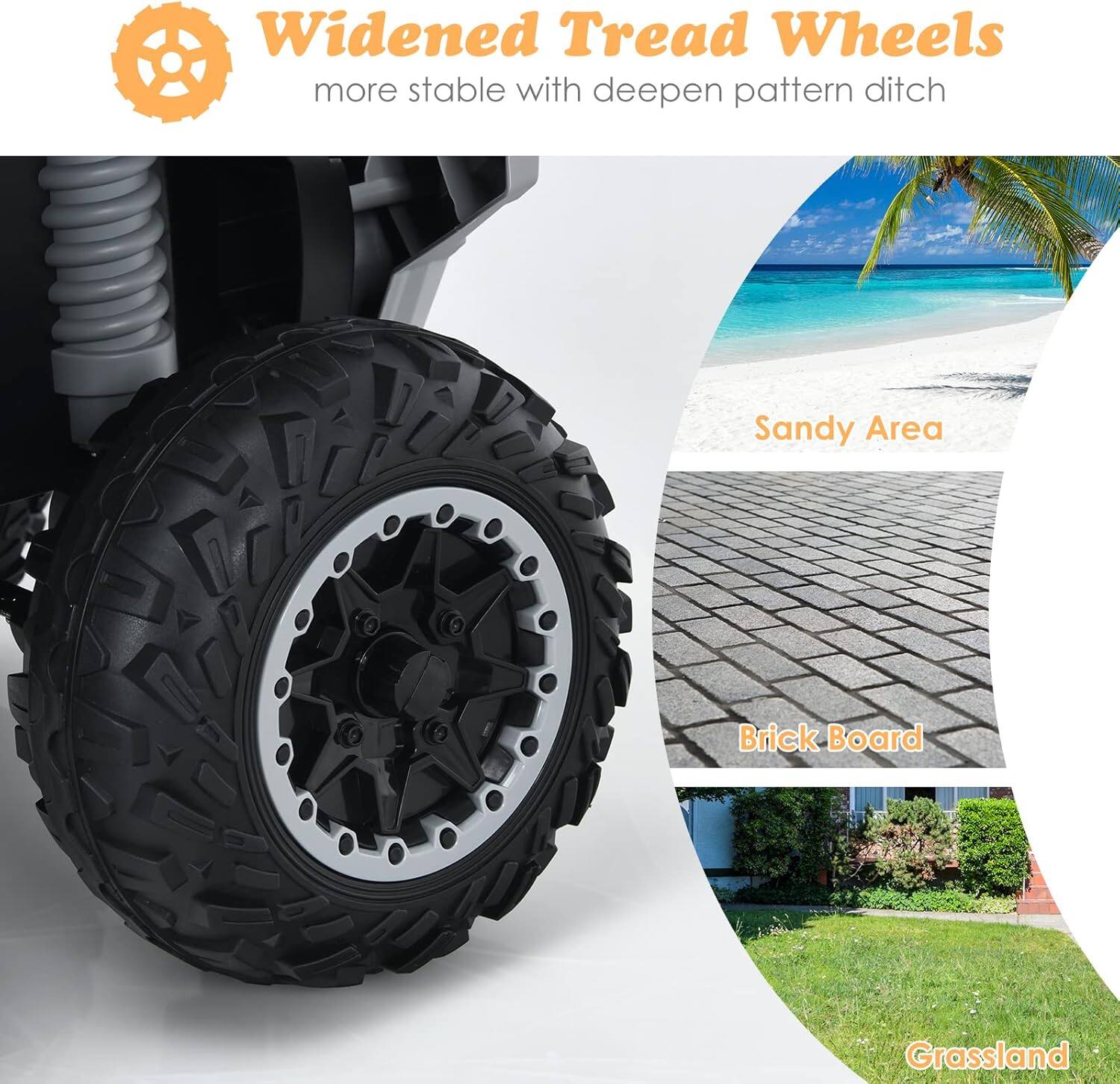 Widened Tread Wheels  
more stable with deepen pattern ditch  

Sandy Area  
Brick Board  
Grassland