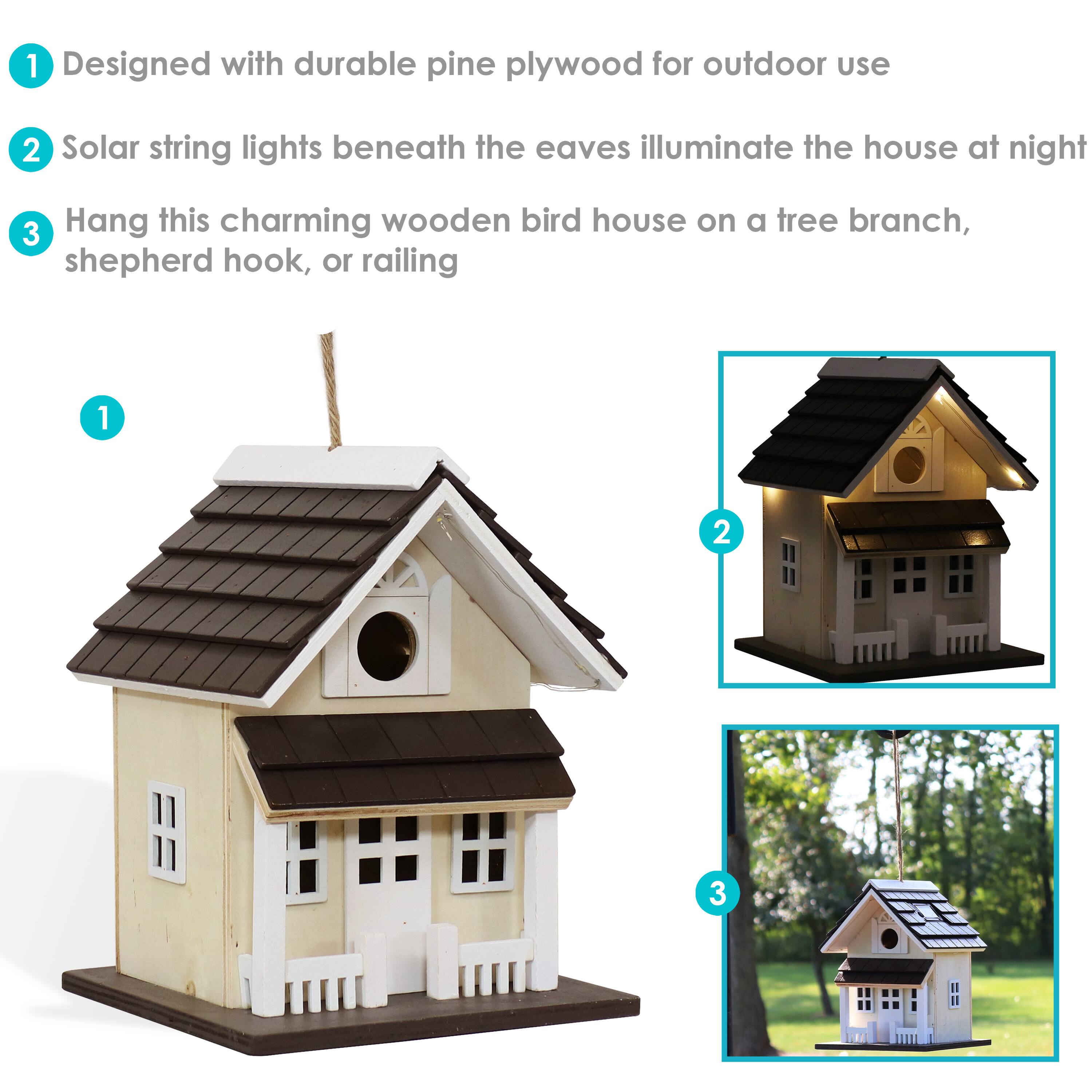 1. Designed with durable pine plywood for outdoor use  
2. Solar string lights beneath the eaves illuminate the house at night  
3. Hang this charming wooden bird house on a tree branch, shepherd hook, or railing