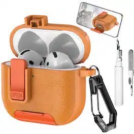 Dteck - Earphone Case for Apple Airpods 4th Gen with Phone Holder & Keychain,Leather Texture Earbuds Cover for Man Women - Orange
