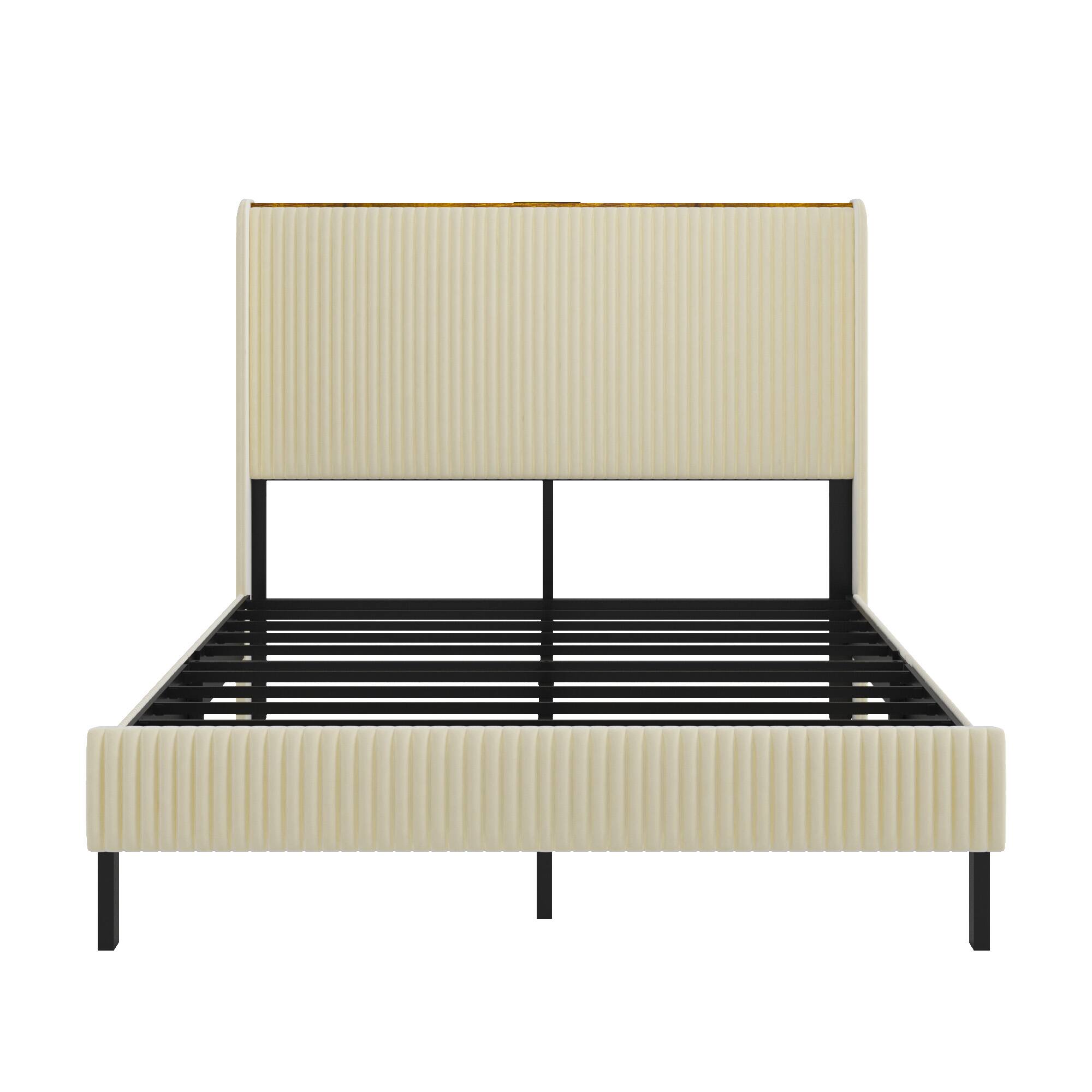Alt View 5. LUCKY ONE - King Size Platform Bed , Metal Bed Frame with Charging Station - Beige.