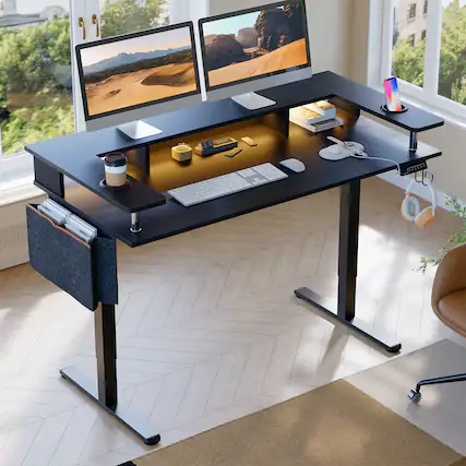 Front. Bestier - 58" wide Electric Standing Desk Adjustable with LED Light Storage and Monitor Stand - Dark Black.
