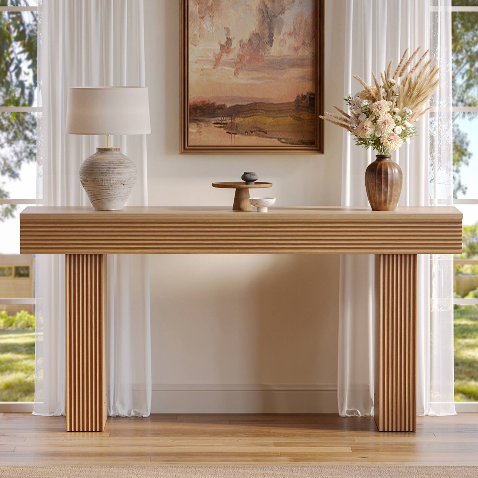 Alt View 1. Bestier - 63 Inch Fluted Console Table, Rustic Wood Entryway Sofa Table - Brown Oak.