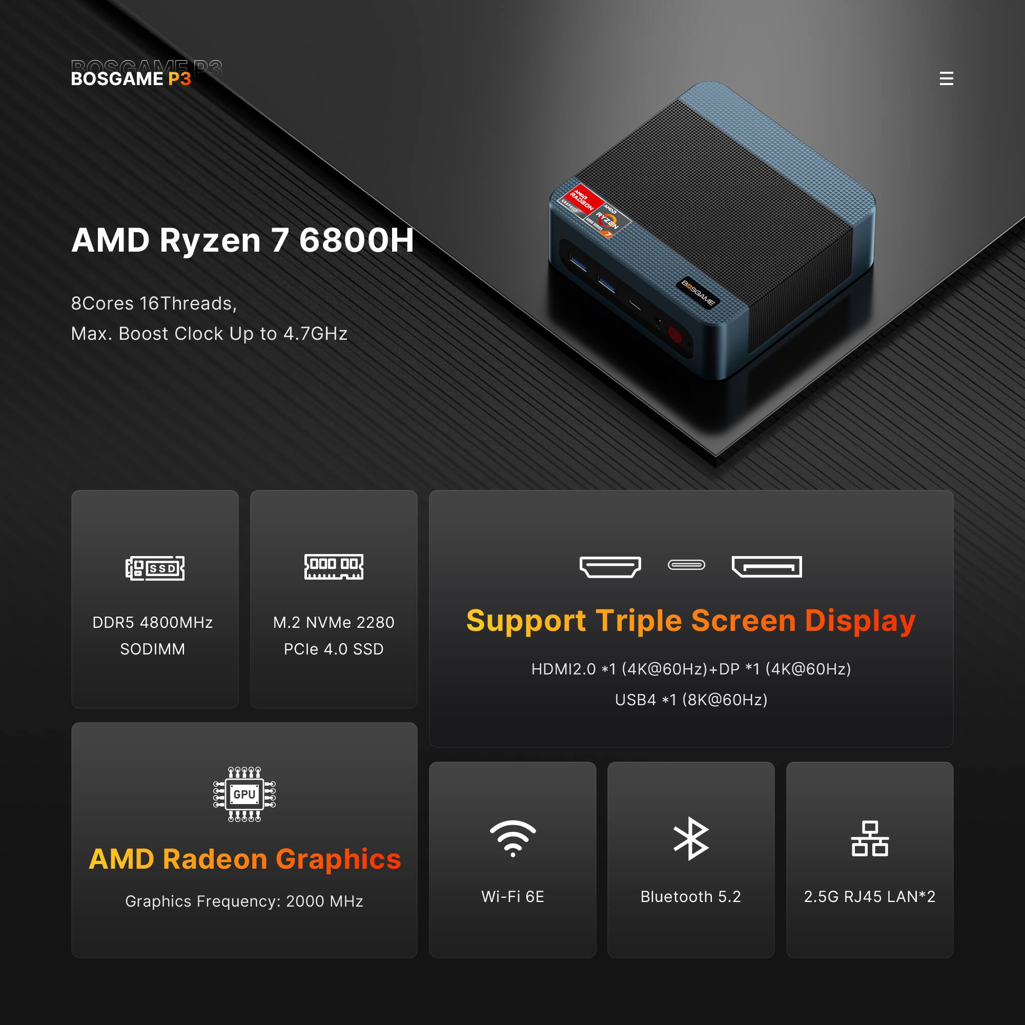 ROSCAME D3 BOSGAME P3

AMD Ryzen 7 6800H 8Cores 16Threads, Max. Boost Clock Up to 4.7GHz

WORDEN

BREGAME

SSD

DDR5 4800MHz SODIMM

M.2 NVMe 2280 PCle 4.0 SSD

Support Triple Screen Display HDMI2.0 *1 (4K@60Hz)+DP *1 (4K@60Hz) USB4 *1 (8K@60Hz)

GPU

AMD Radeon Graphics Graphics Frequency: 2000 MHz

Wi-Fi 6E

Bluetooth 5.2

2.5G RJ45 LAN*2