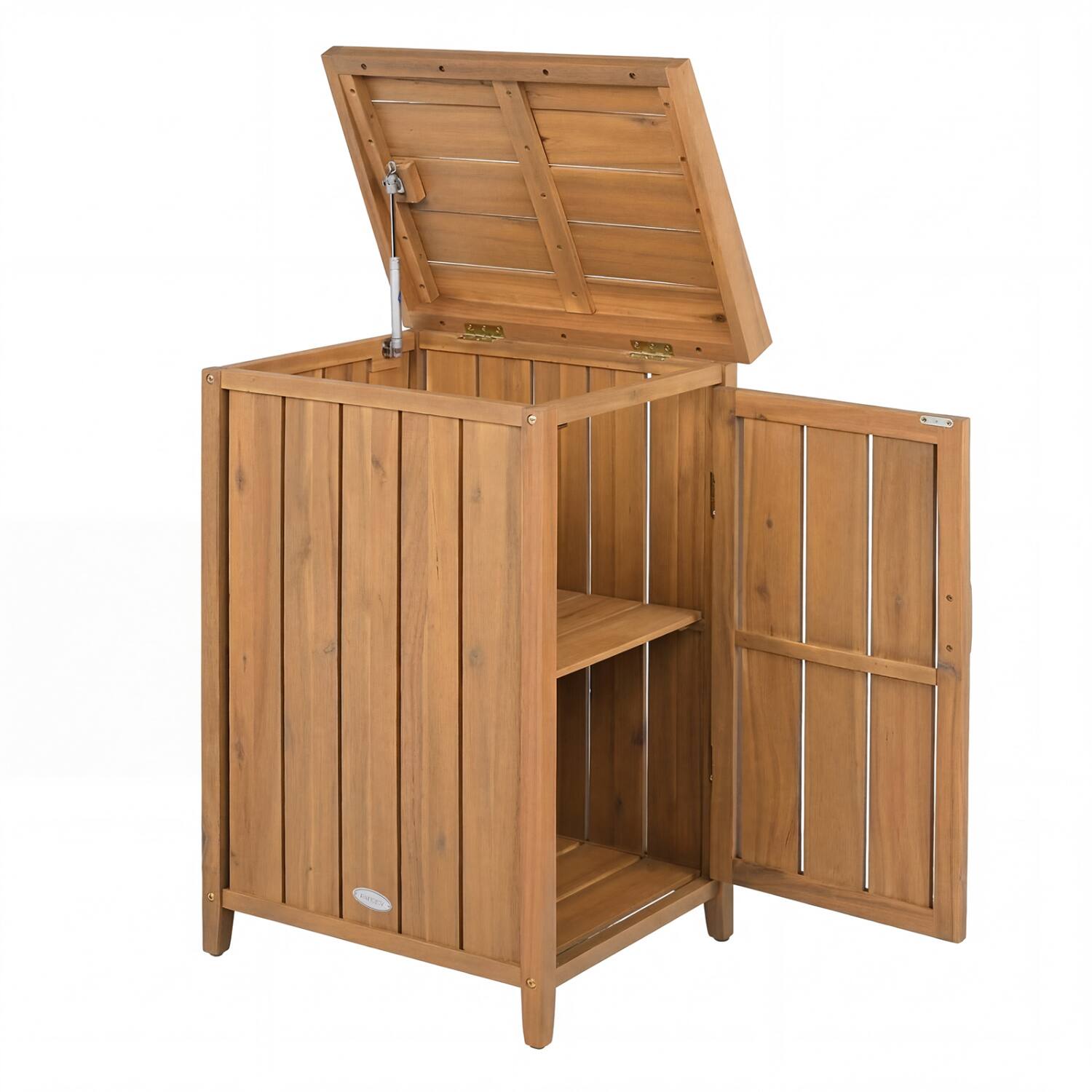 Front. WELLFOR - Wood Package Delivery Box with Openable Lid and Removable Shelf for Garden - Natural.