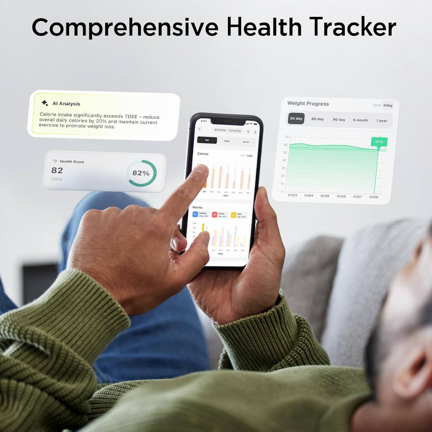 Comprehensive Health Tracker

AI Analysis
Calorie intake significantly exceeds TDEE – reduce overall daily calories by 201 and maintain current exercise to promote weight loss.

Health Score
82 / 100.0
82%

Weight Progress
Goal: 55kg

30 day 60 day 90 day 6 month 1 year

Calories
50 4 20

Minerals
Protein
Carbs
Fat