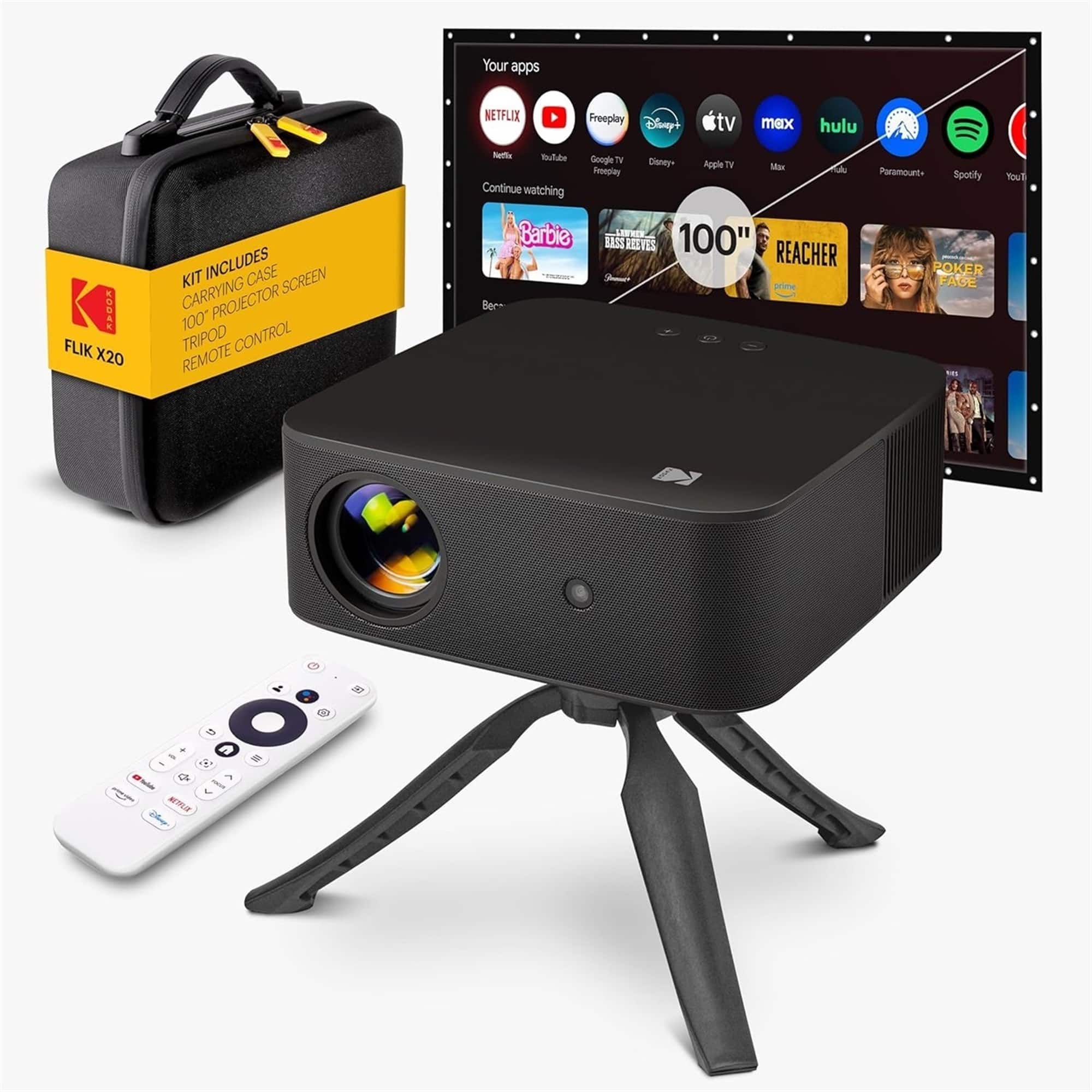 Kodak - FLIK X20 Full HD Smart Projector Kit with 100" Screen, Tripod, Remote, Wi-Fi, EVA Case - Black