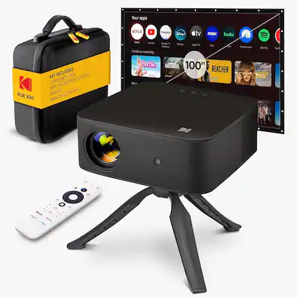 Your apps: NETFLIX, Freeplay, Disney+, tv max, hulu, FLIK X20. KIT INCLUDES: CARRYING CASE, SCREEN, 100" PROJECTOR, TRIPOD, CONTROL, REMOTE. Burfie, Bulbe, Google TV, Disney's Apple TV, Mar Prempley. Continue watching Barbie, LI BAS, MOLVES, 100" REACHER, Been, Paramounte, Spotify, POKER FACE, YOUTUBE.