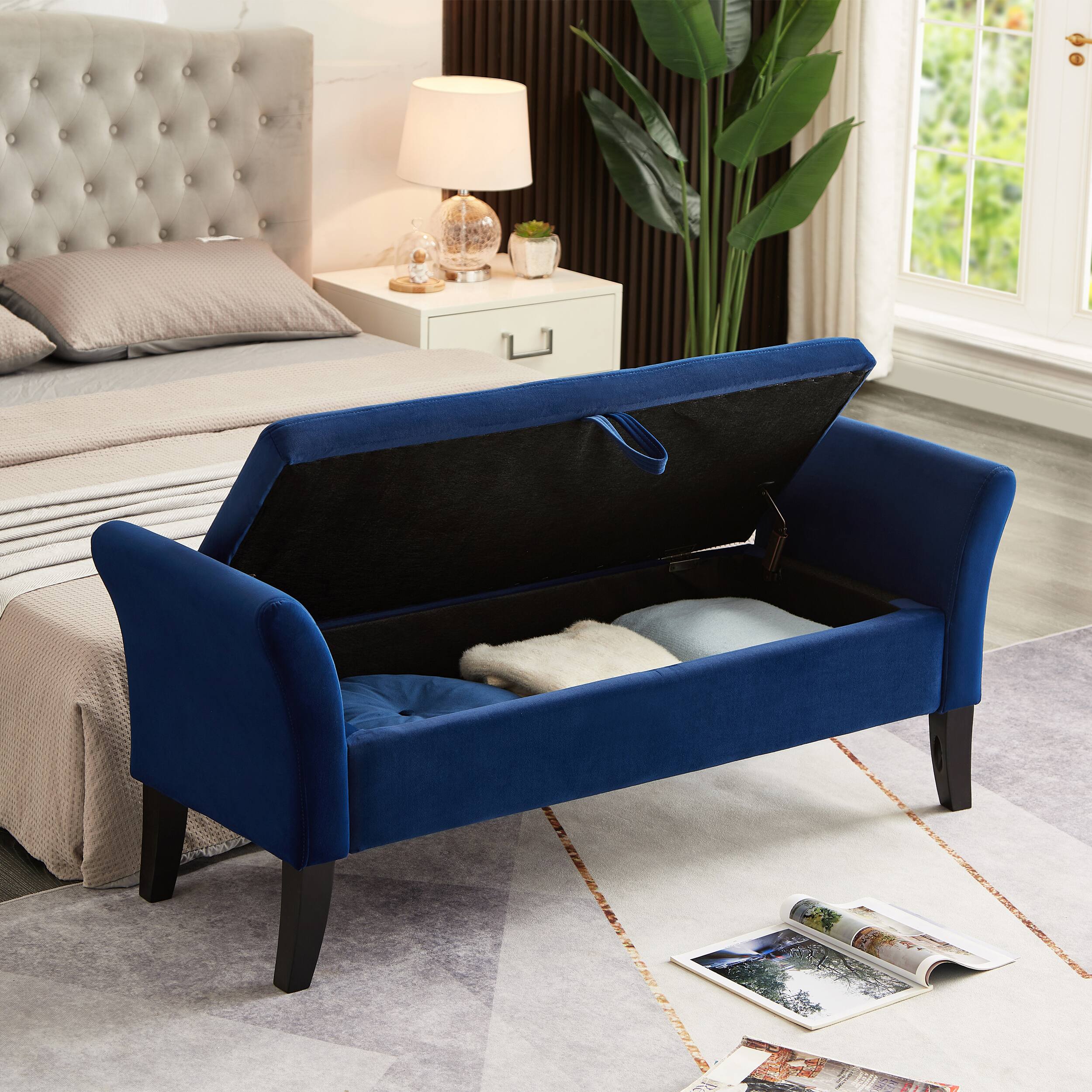 Left. Aukfa - 51.5" Bed Bench with Storage Beige Velvet - Blue.