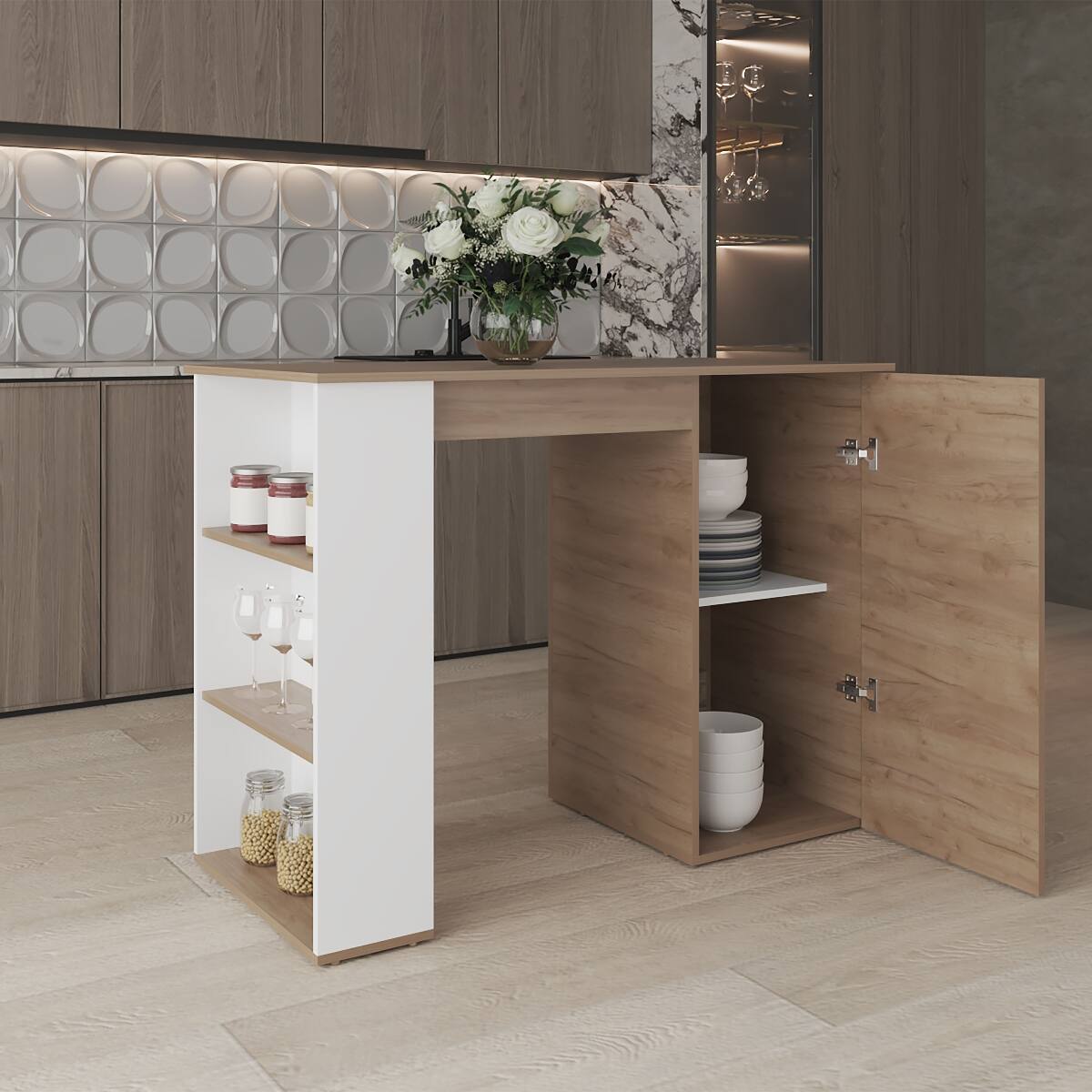 Angle. Loheer - Loheer Natural Wood Kitchen Island with 1 Door and 5 Shelves - Natural Wood.