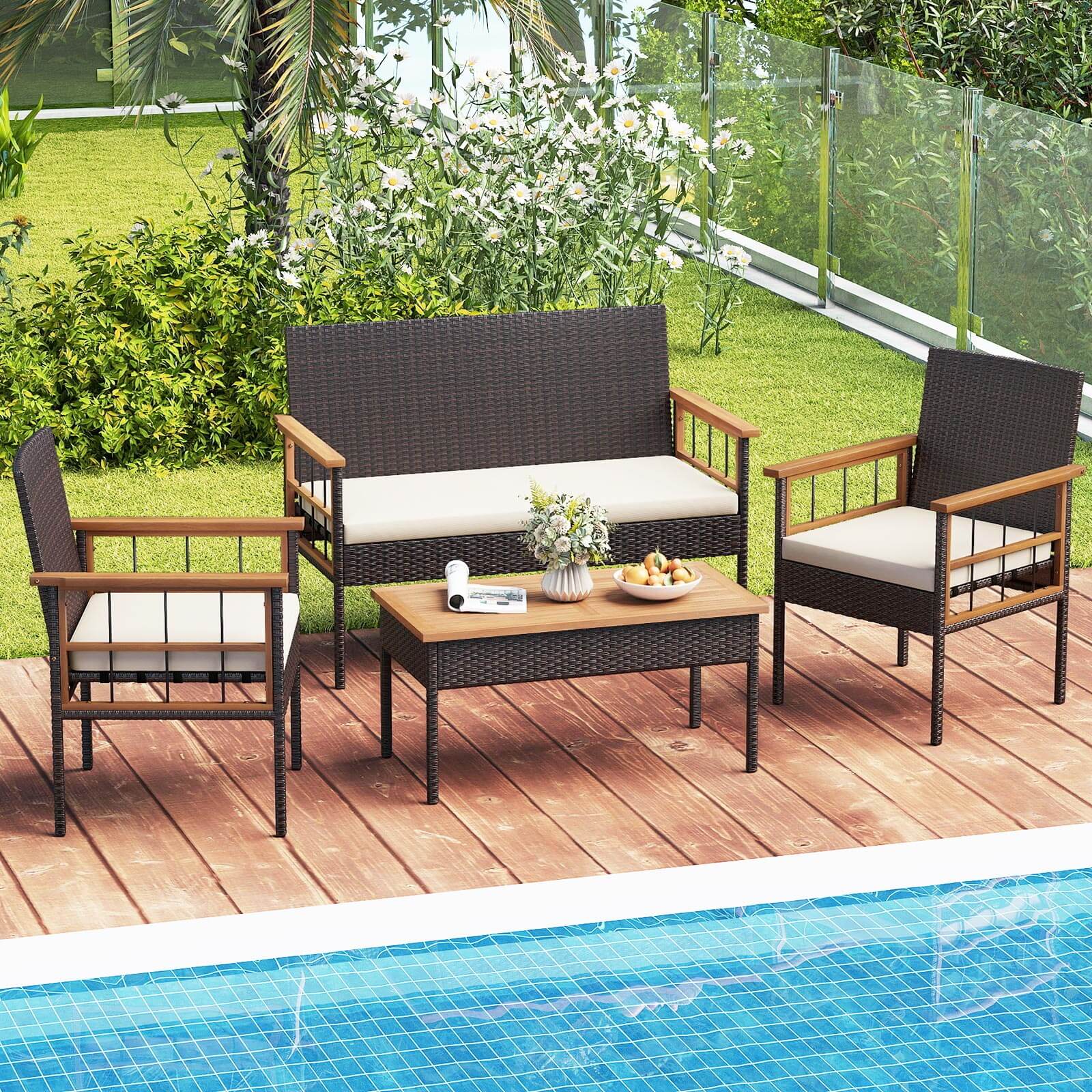 Alt View 1. Costway - Costway 4 PCS Wicker Furniture Set with Acacia Wood Tabletop Armrests Cushions for Backyard - Mix Brown+Off-White.