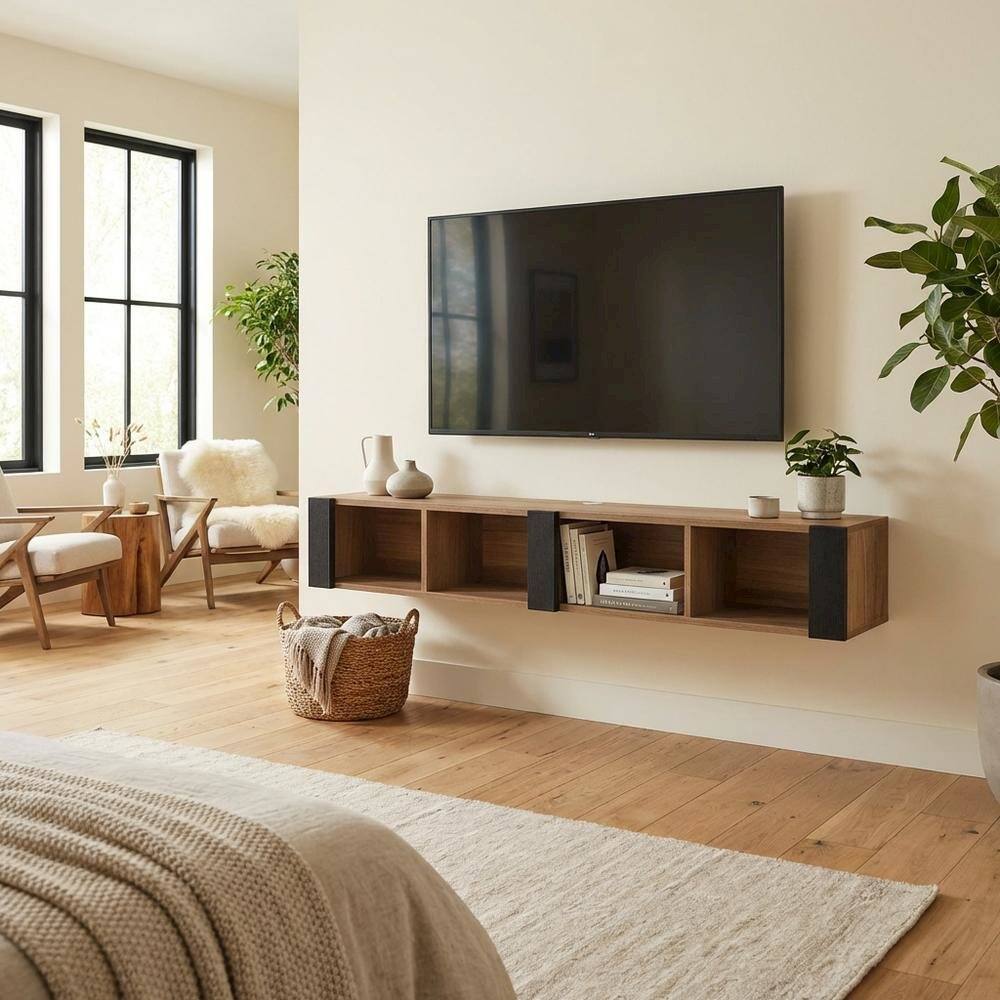 Alt View 2. FurniFact - Brown Wall-Mounted TV Stand for 75 Inch TVs with Engineered Wood Design - Brown.