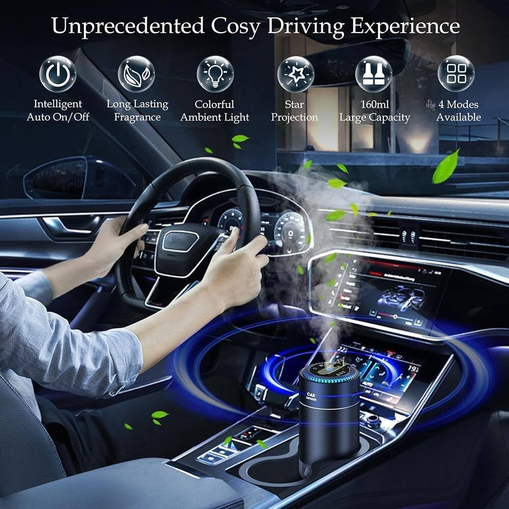 Unprecedented Cosy Driving Experience

- Intelligent Auto On/Off
- Long Lasting Fragrance
- Colorful Ambient Light
- Star Projection
- 160ml Large Capacity
- 4 Modes Available