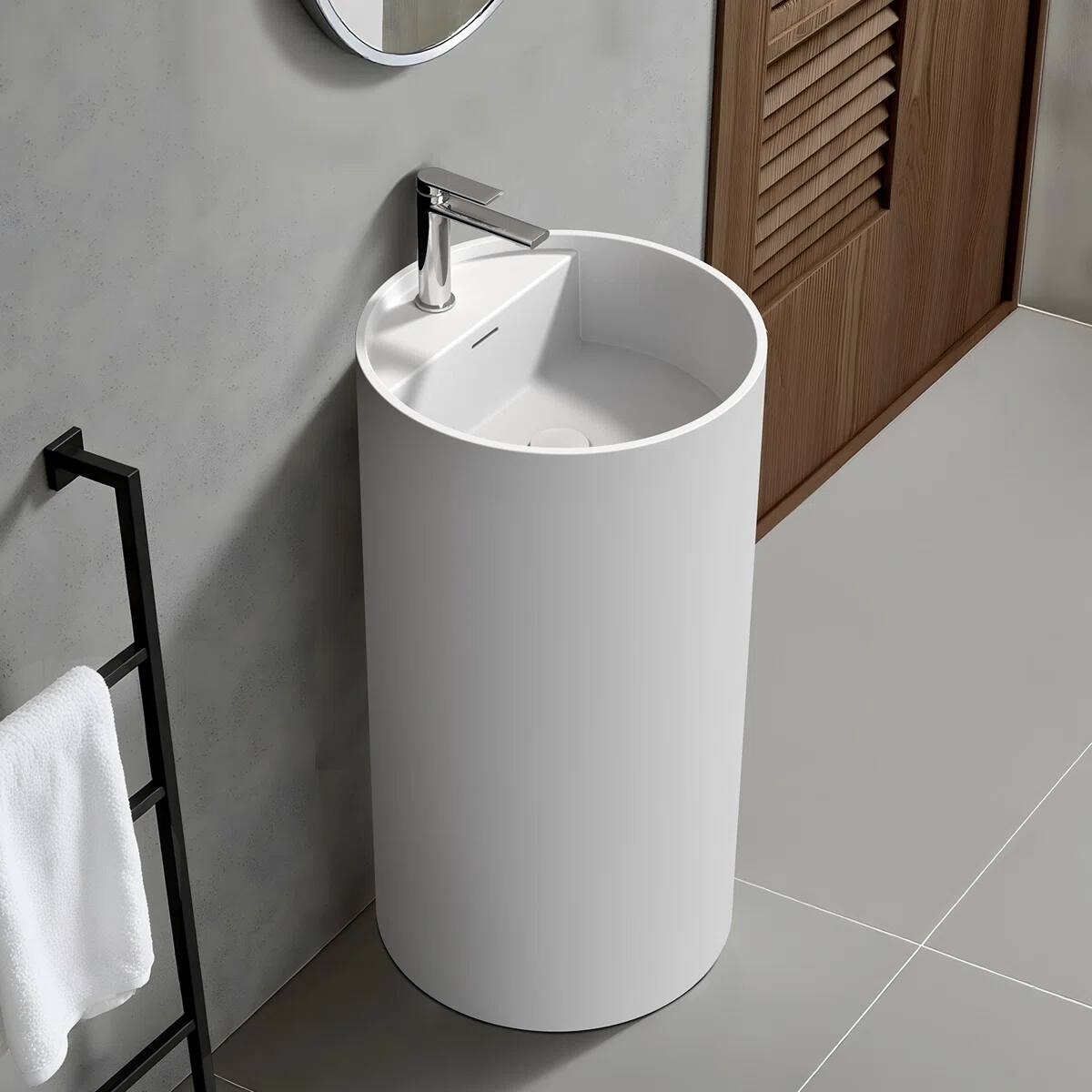 Left. Koligey - 33.5'' Tall Solid Surface Circular Pedestal Bathroom Sink, Modern Pedestal Sink with Overflow - white.
