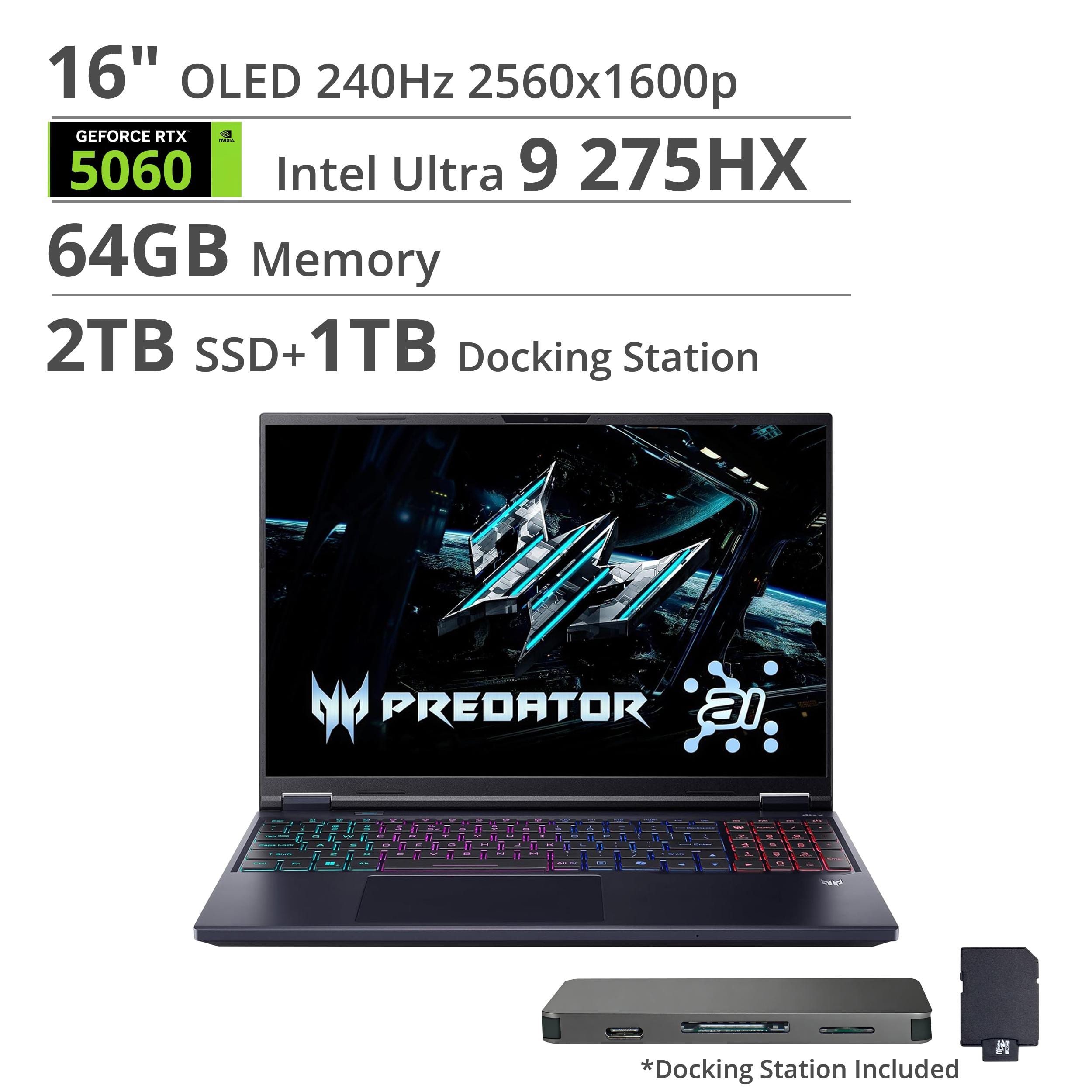 Acer - Predator Helios Neo 16S AI Gaming Laptop - 16" OLED 240Hz - Intel Core Ultra 9 - NVIDIA GeForce RTX 5060 – 64GB – 2TB - Obsidian Black