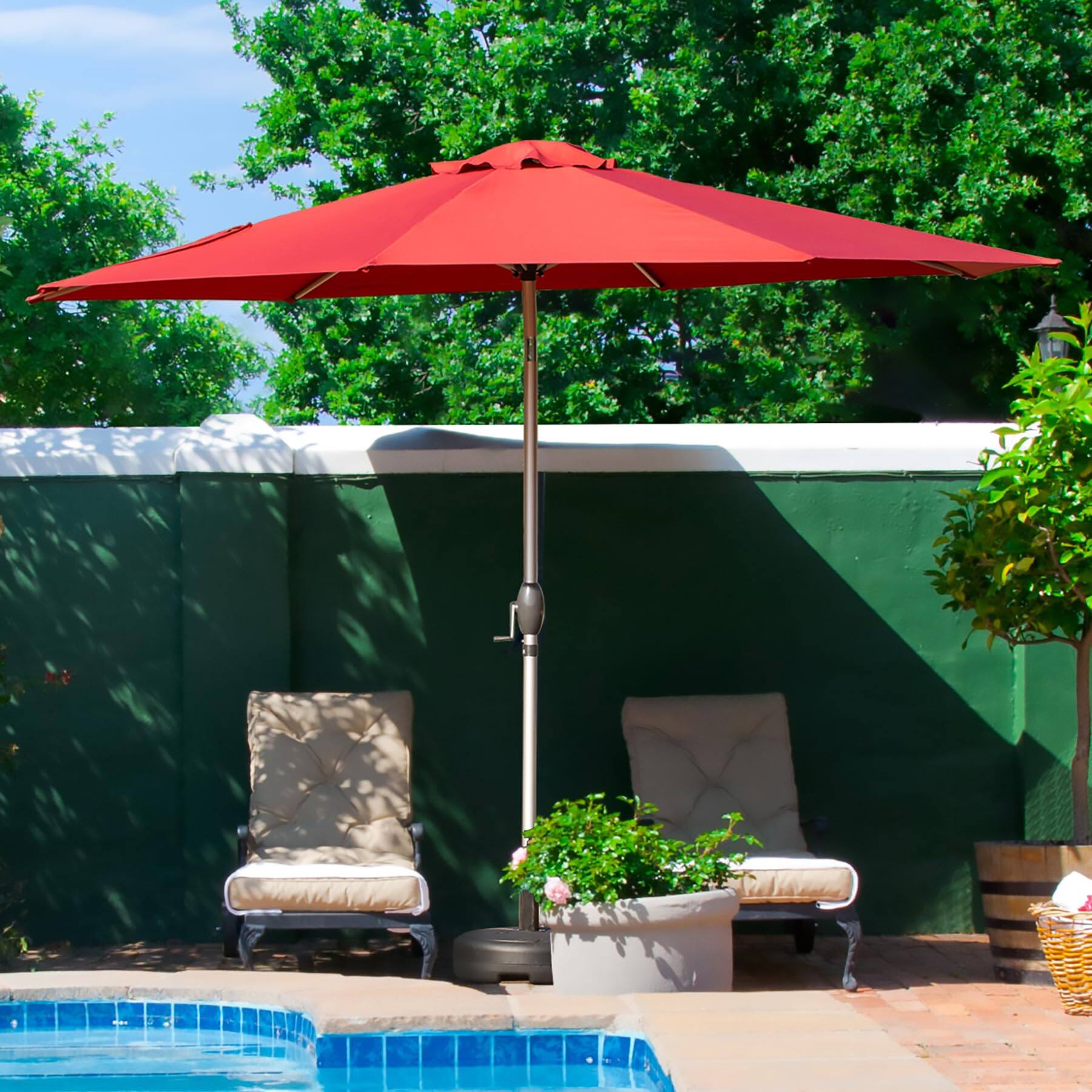Left. Mondawe - 10FT Patio Umbrella with Push Button Tilt and Crank - Brick red.
