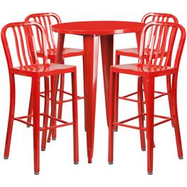 Emma + Oliver - Commercial 30" Round Metal Indoor-Outdoor Bar Table Set & 4 Slat Back Stools - Red