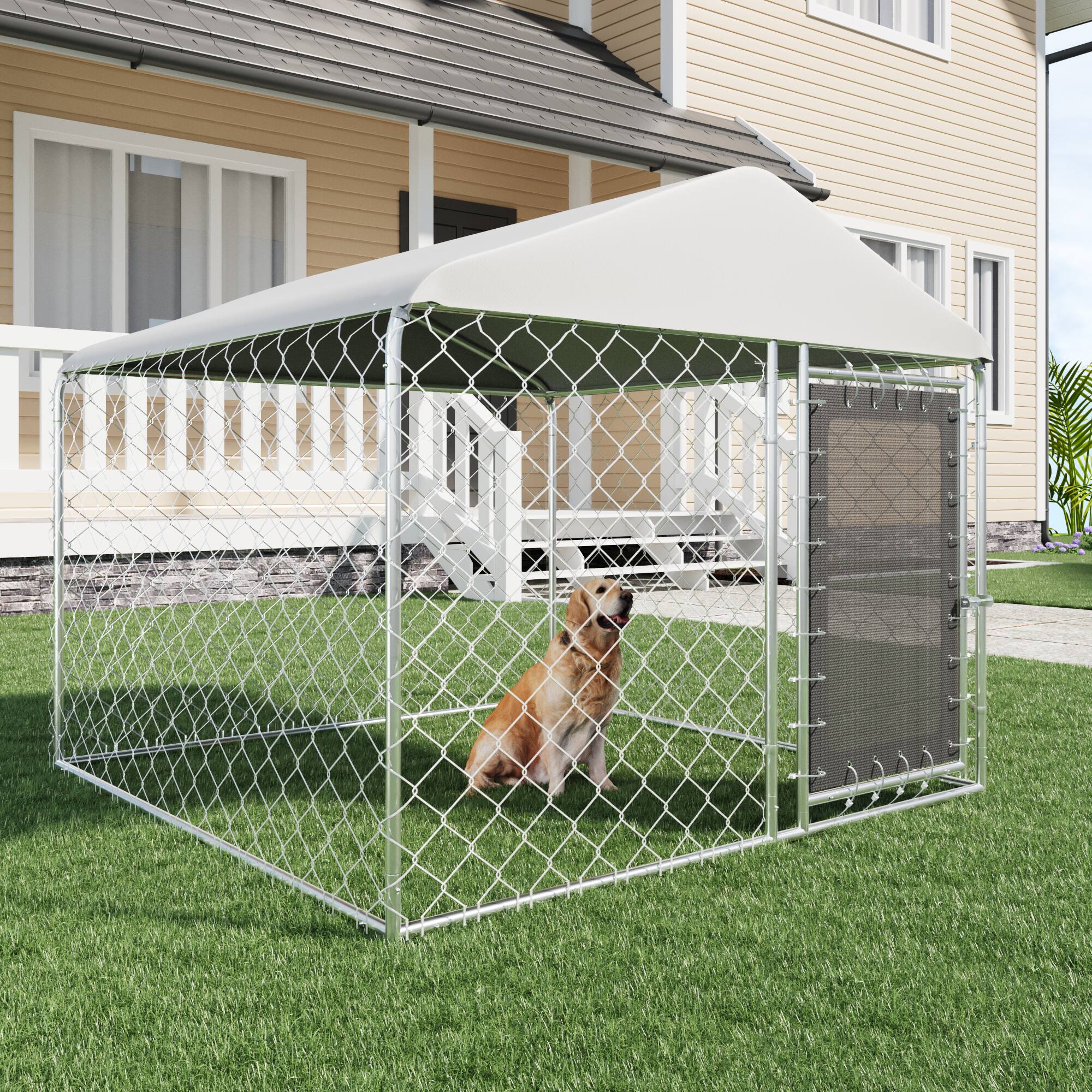 Angle. U-HOMY - Heavy Duty Outdoor Dog Kennel with Waterproof UV-Resistant Cover, Large Pet Playpen with Rotating Feeding Door.