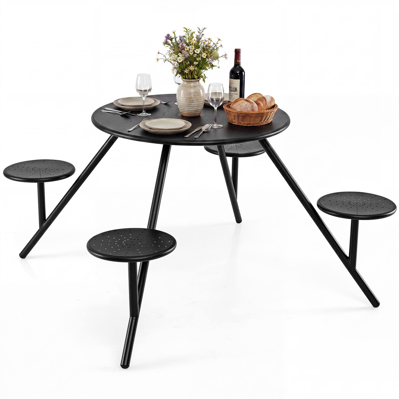 Gymax - Heavy Duty Galvanized Iron Patio Table w/4 Built-in Seats & 1.77'' Umbrella Hole - Black