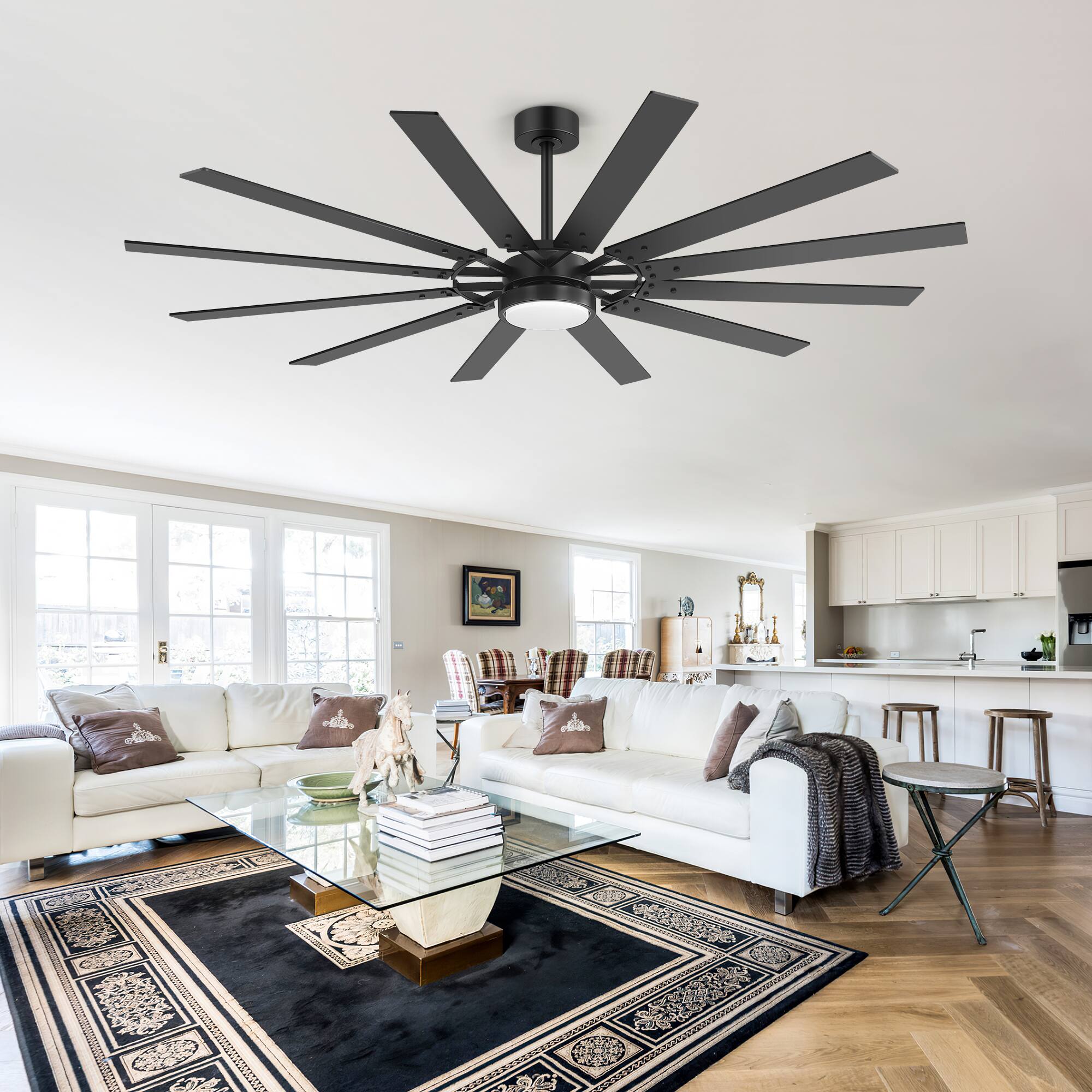 Angle. Breezary - 72-Inch Ceiling Fan with LED Light, 12 Reversible Wood Blades, DC Motor, 6 Speeds, Timer, Remote and Memory Function - Black and Walnut.
