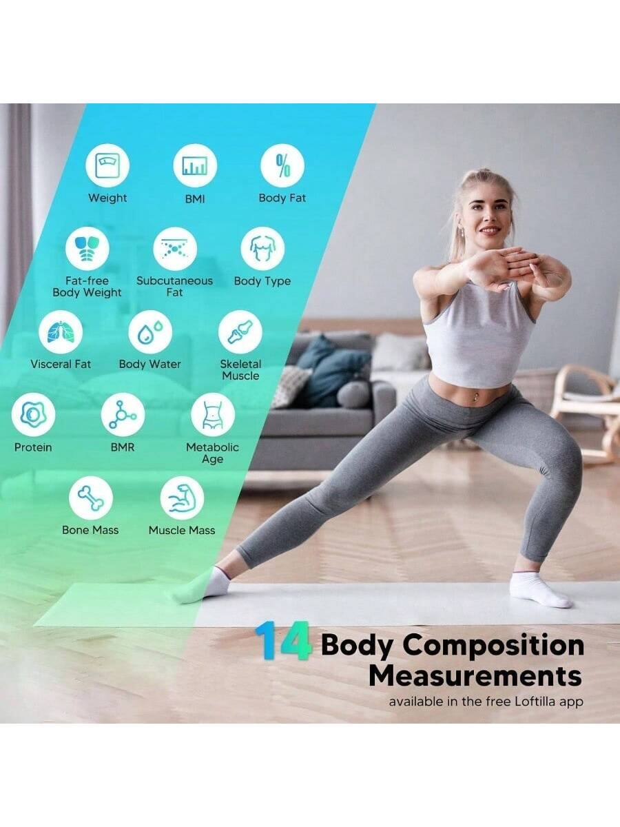 Sure, here is the corrected and grouped text:

---

**Body Composition Measurements available in the free Loftilla app**

- Weight
- BMI
- Body Fat
- Fat-free Body Weight
- Subcutaneous Fat
- Body Type
- Visceral Fat
- Body Water
- Skeletal Muscle
- Protein
- BMR
- Metabolic Age
- Bone Mass
- Muscle Mass

---

This text is organized to reflect the body composition measurements mentioned in the image.