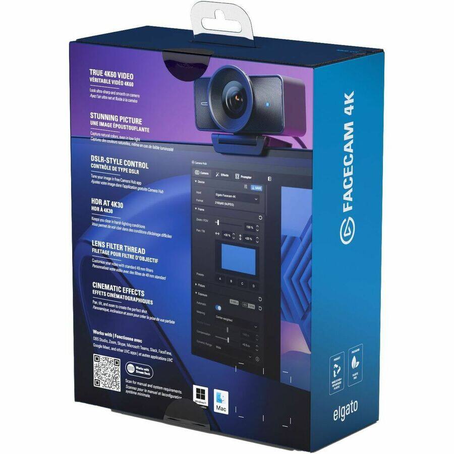 Sure, here is the corrected and grouped text from the image:

---

**TRUE 4K60 VIDEO**  
**VERITABLE VIDÉO 4K60**  
Look at the camera with 4K60 video  
Avec la caméra en 4K60

**STUNNING PICTURE**  
**UNE IMAGE ÉPOUSTOUFLANTE**  
Capture every color, even in low light  
Capturez chaque couleur, même dans la lumière faible

**DSLR-STYLE CONTROL**  
**CONTRÔLE DE TYPE DSLR**  
Take your image from anywhere with DSLR-style controls  
Ajuster votre image directement sur l'écran de la caméra

**HDR AT 4K30**  
**HDR À 4K30**  
Keeps your colors in lighting conditions  
Gardez vos couleurs dans des conditions de lumière difficiles

**LENS FILTER THREAD**  
**FILETAGE POUR FILTRE D'OBJECTIF**  
Customize your video with standard 49mm filters  
Personnalisez votre vidéo avec des filtres standard de 49mm

**CINEMATIC EFFECTS**  
**EFFETS CINÉ