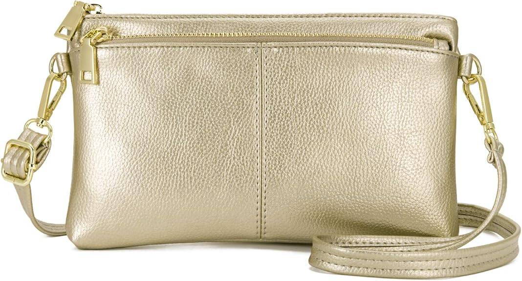 Front. Vulpecula Spade - Triple Zip Small Crossbody Bag Lightweight Purses Vegan Leather Wristlet Clutch, Includes Adjustable Shoulder - Gold.