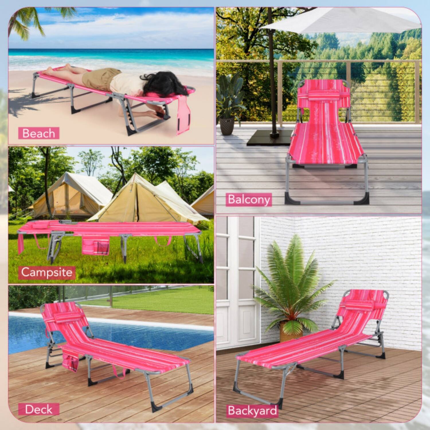 Beach  
Balcony  
Campsites  
Deck  
Backyard