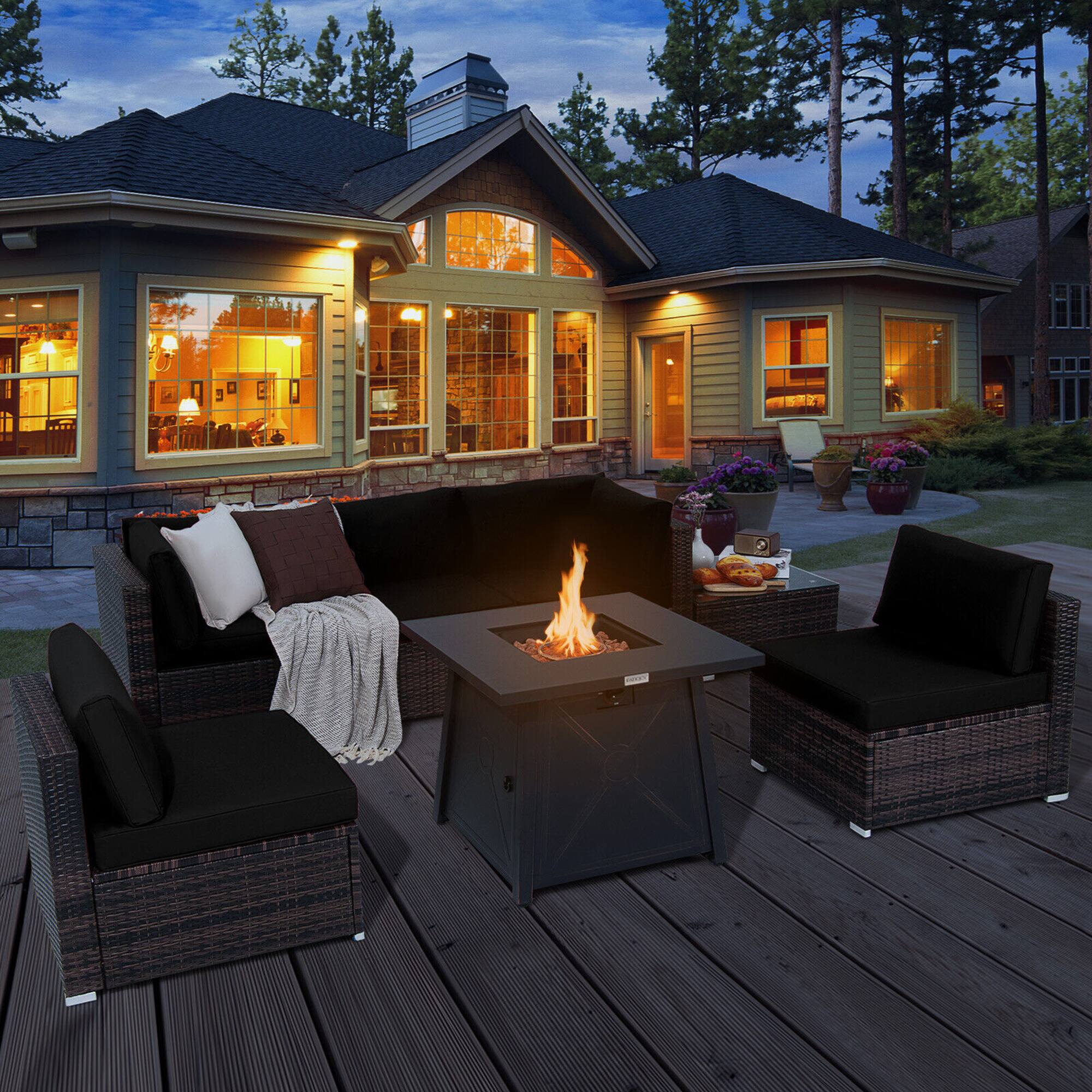 Gymax - 7PCS Rattan Patio Sectional Furniture Set w/ 30'' Fire Pit Table & Cushion - Black