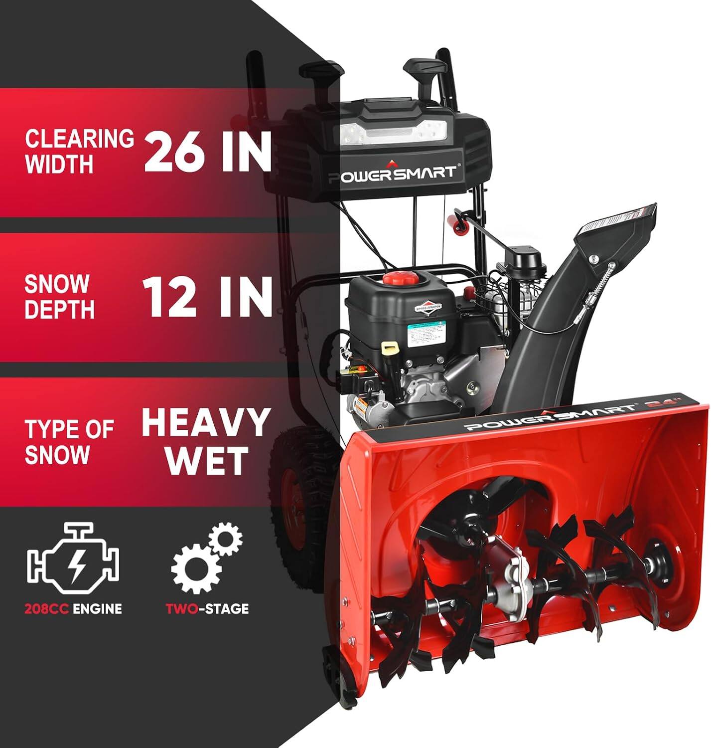 CLEARING WIDTH 26 IN  
SNOW DEPTH 12 IN  
TYPE OF SNOW HEAVY WET  
208CC ENGINE  
TWO-STAGE