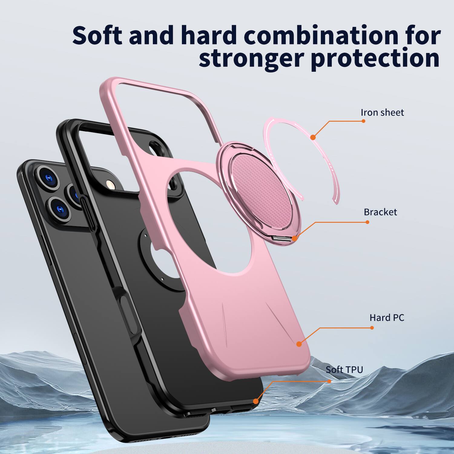 Soft and hard combination for stronger protection

Iron sheet
Bracket
Hard PC
Soft TPU