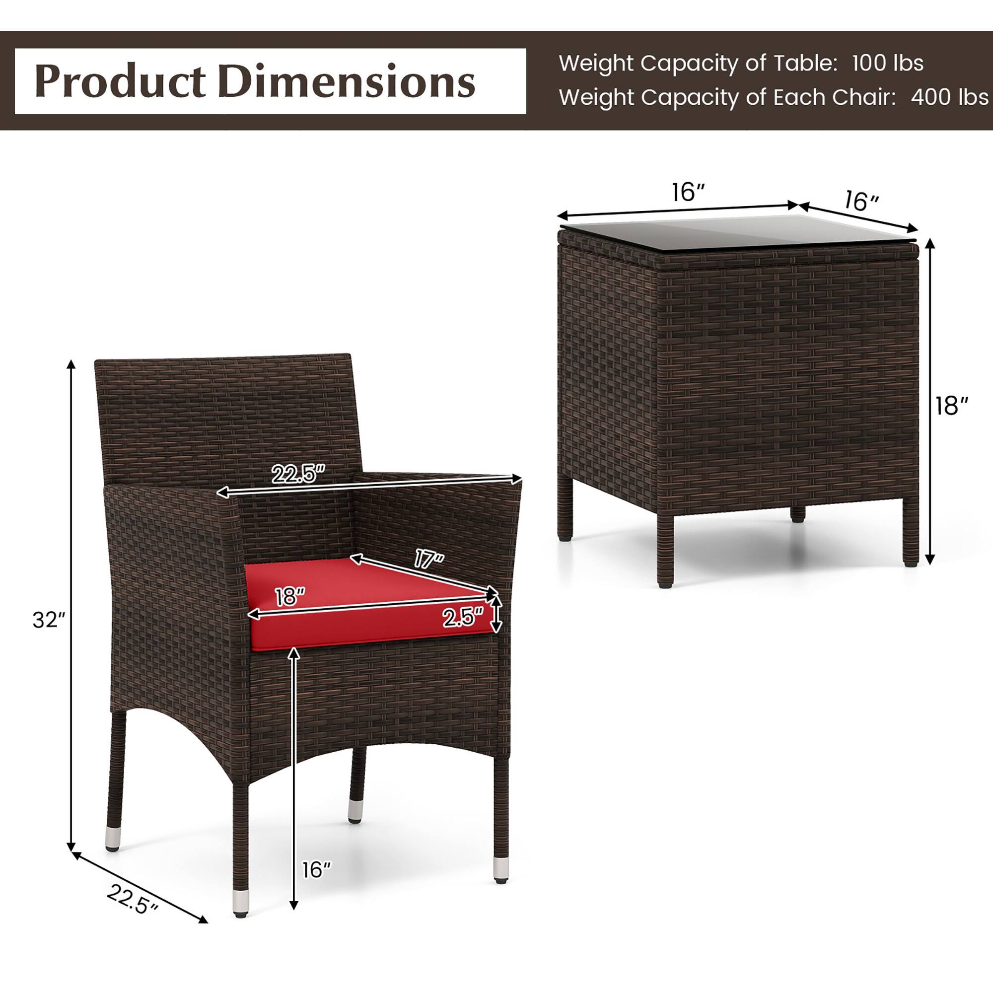 Weight Capacity of Table: 100 lbs  
Weight Capacity of Each Chair: 400 lbs  

Product Dimensions:  
- Table: 16" x 16" x 18"  
- Chair: 32" x 18" x 17" x 2.5" x 22.5" x 16"