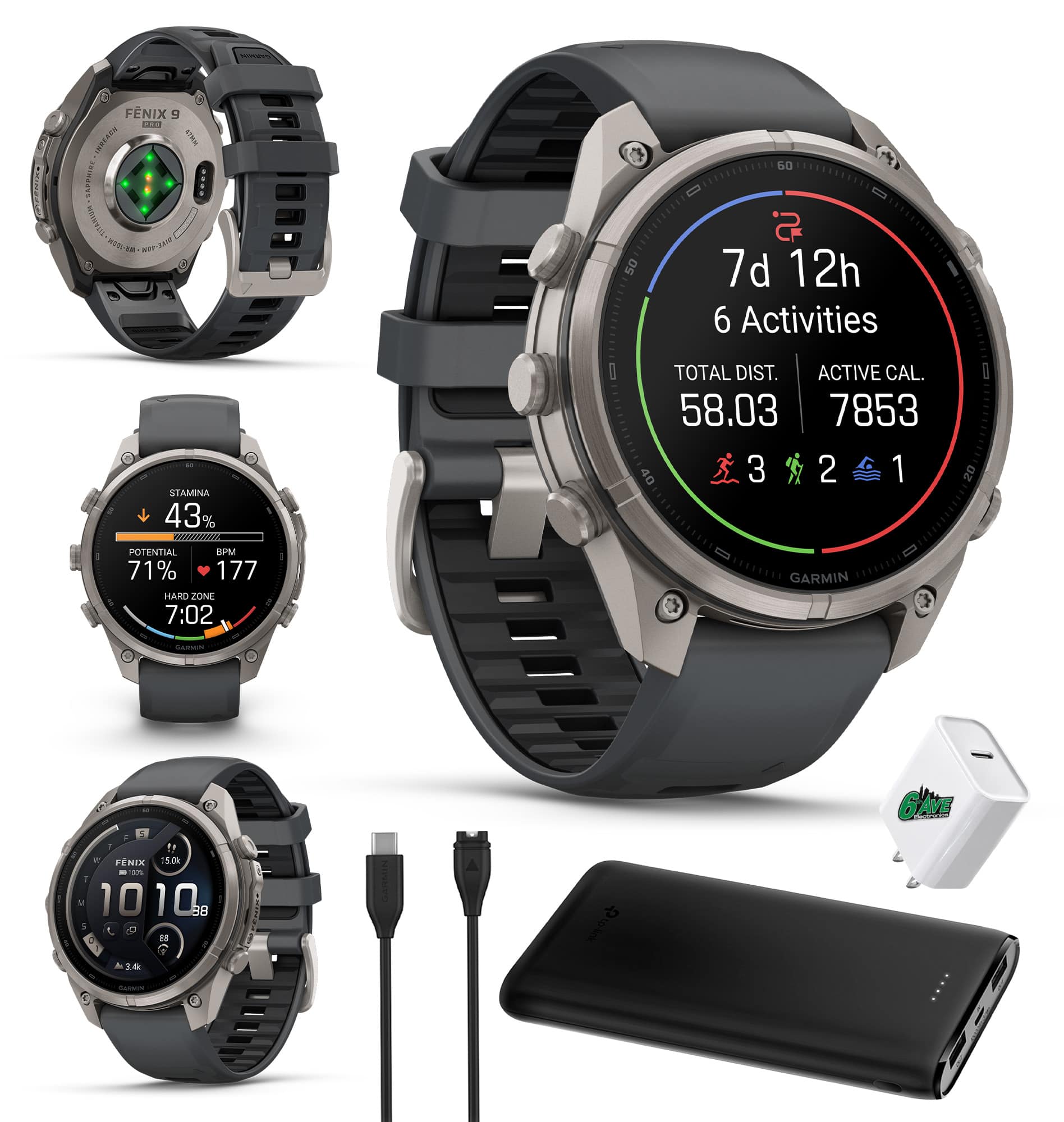 FENIX 9  
ANNEACH FINN GAPPRING TITANIUM  
0121 NOT  
50  
60 2 7d 12h 6 Activities  
STAMINA 43%  
TOTAL DIST. ACTIVE CAL. 58.03 7853 40 3 2 1  
20  
POTENTIAL BPM 71% 177 HARD ZONE 7:02  
GARMIN  
GARMIN  
S  
6%  
R FNIX 15.0k H 100% 1 1010 88 S  
3.4k  
SODION